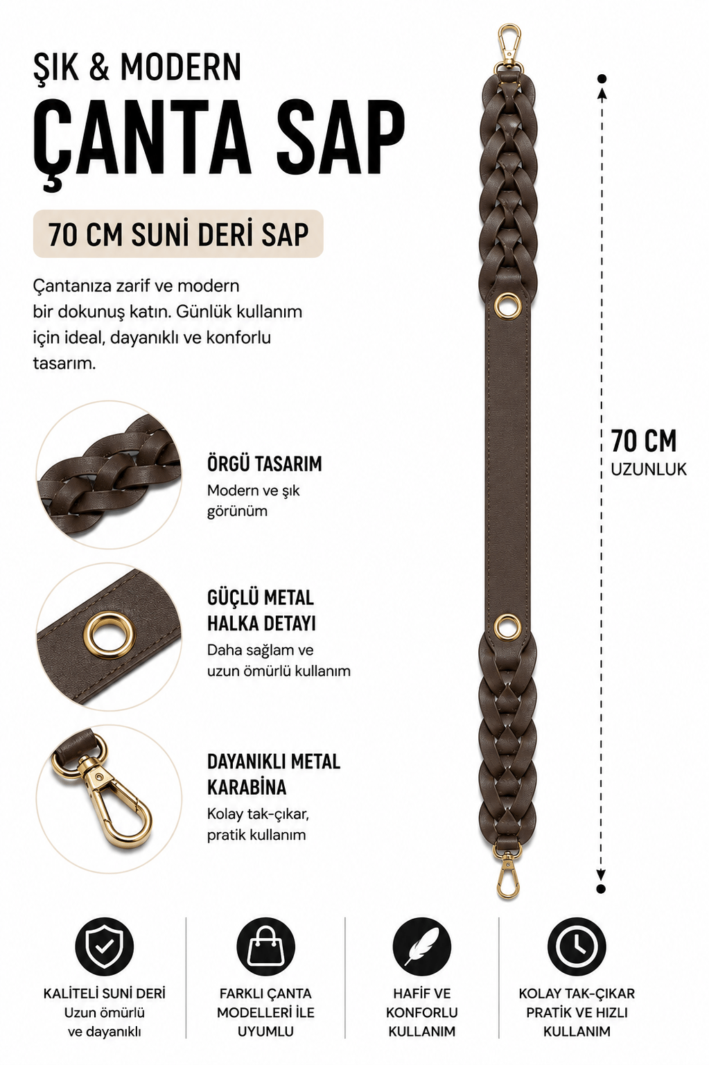 Suni Deri Örgü Çanta Sapı 70 cm Metal Karabinalı Çanta Askısı Çanta Aksesuarı,Acı Kahve