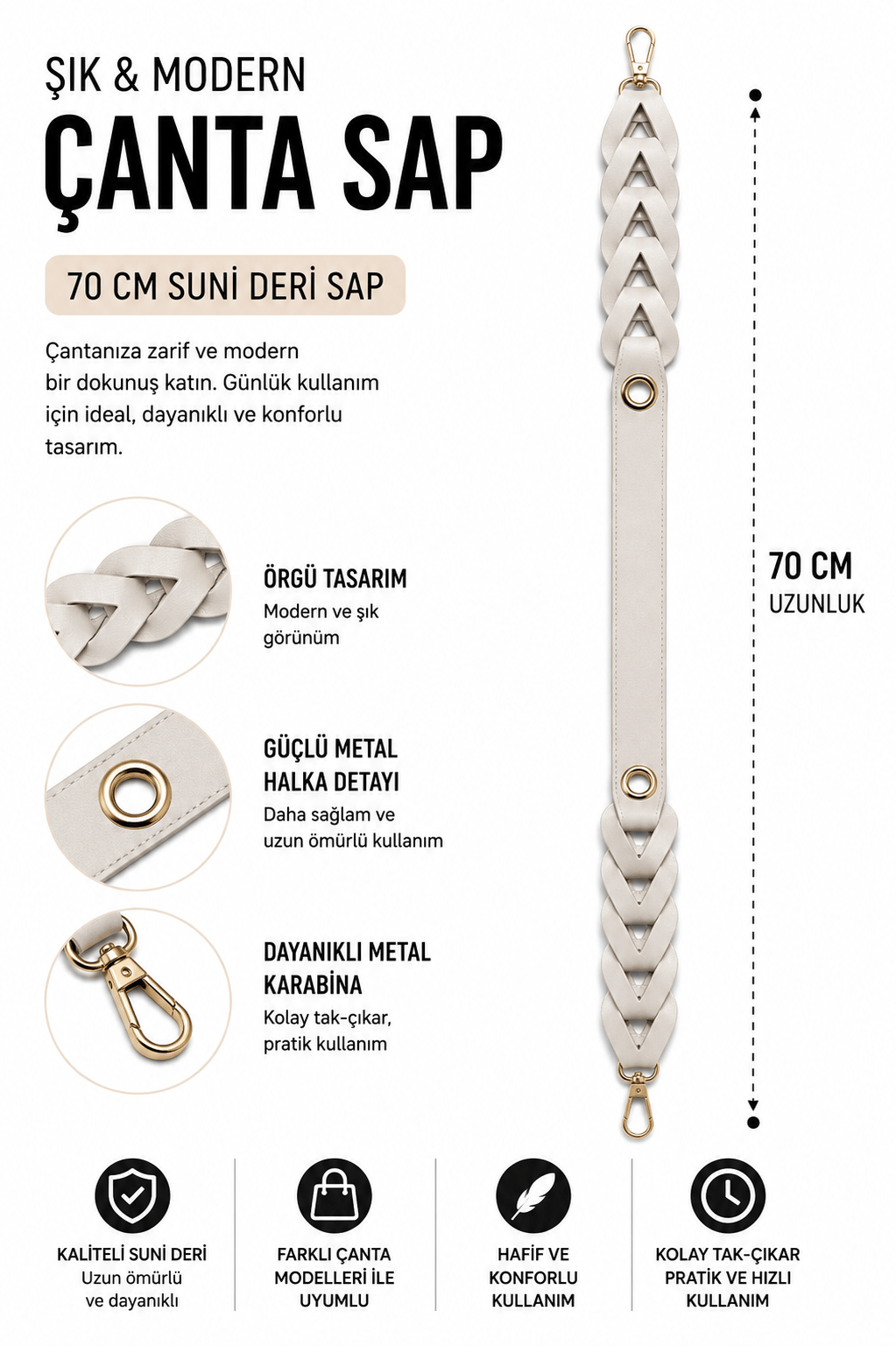 Suni Deri Örgü Çanta Sapı 70 cm Metal Karabinalı Çanta Askısı Çanta Aksesuarı,Krem