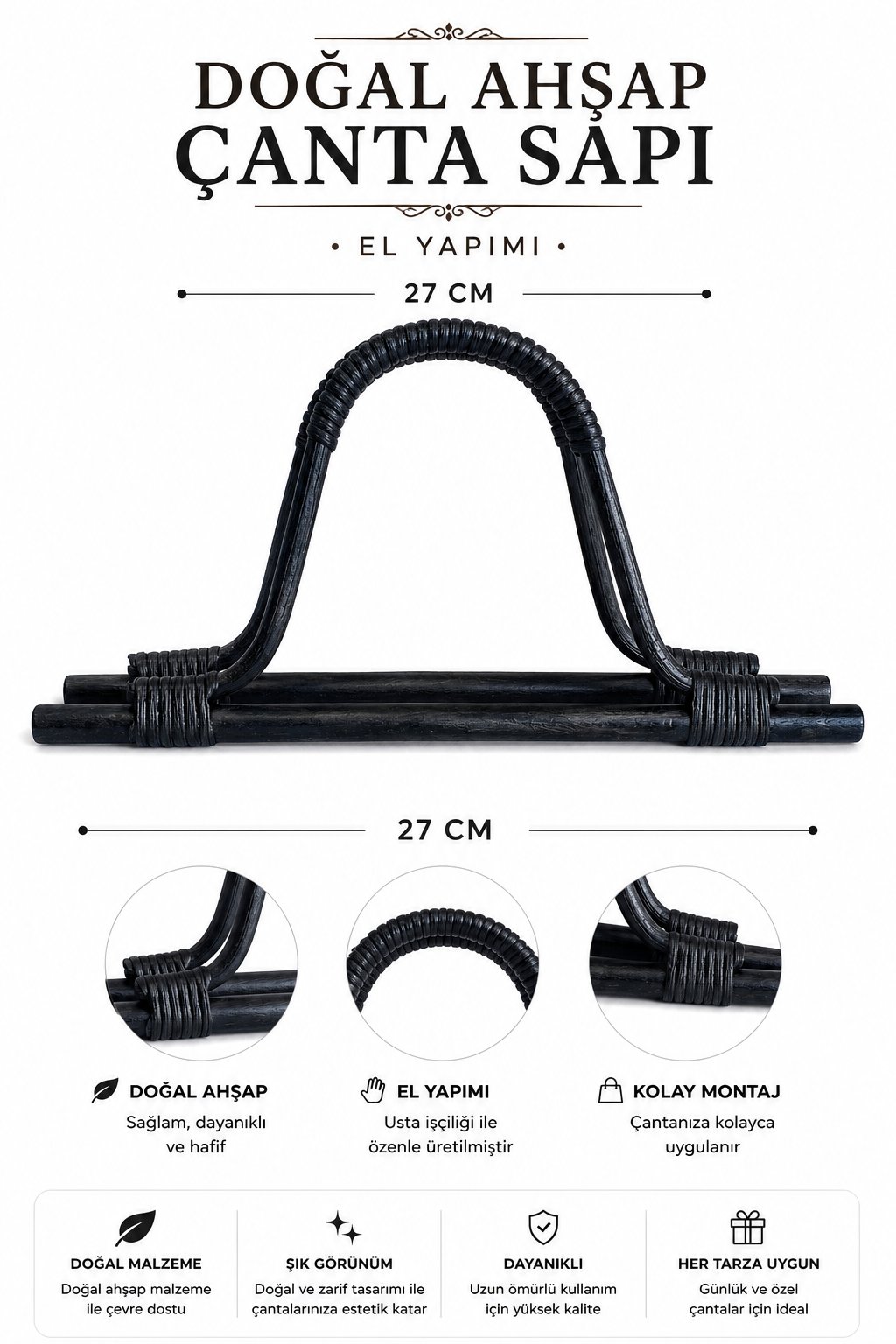 Vollen Yarn Doğal Bambu Ahşap Çanta Sapı 27cm , Siyah