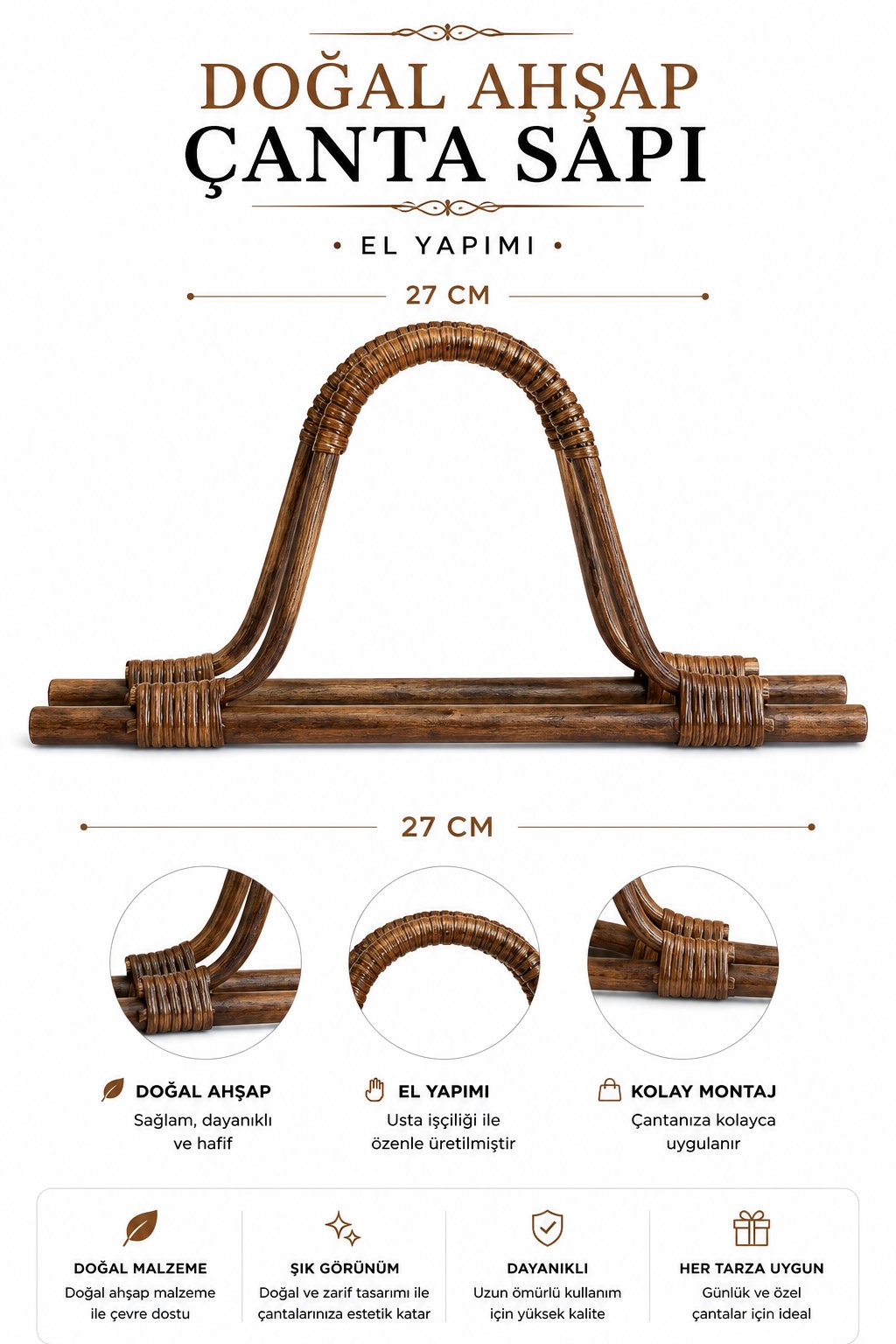 Vollen Yarn Doğal Bambu Ahşap Çanta Sapı 27cm , Kahverengi