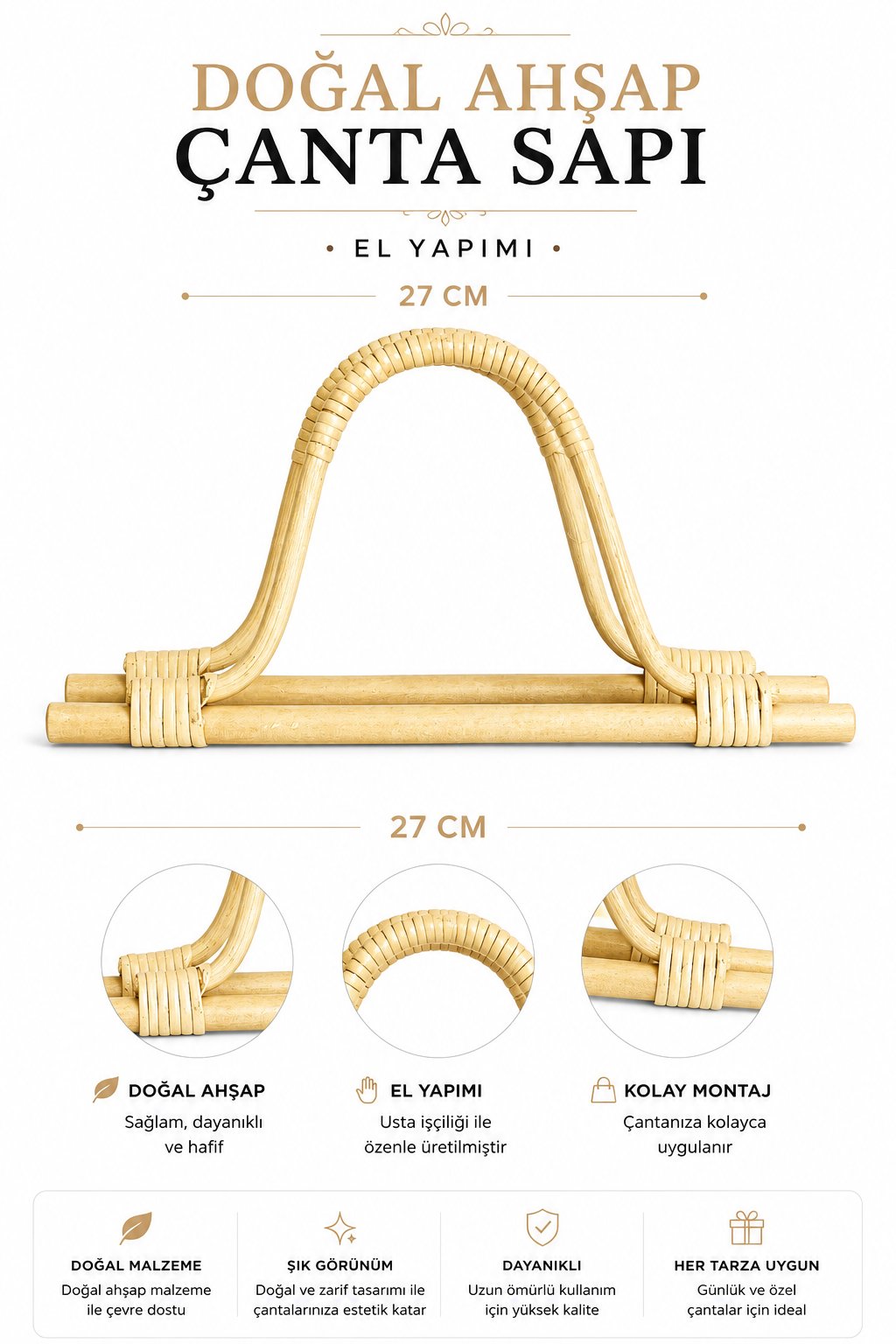 Vollen Yarn Doğal Bambu Ahşap Çanta Sapı 27cm , Naturel