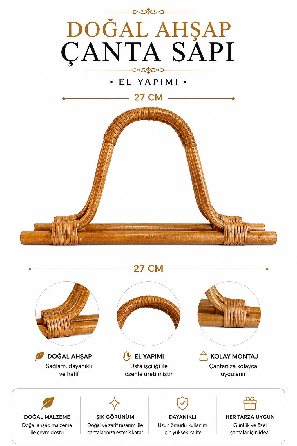 Vollen Yarn Doğal Bambu Ahşap Çanta Sapı 27cm , Ahşap