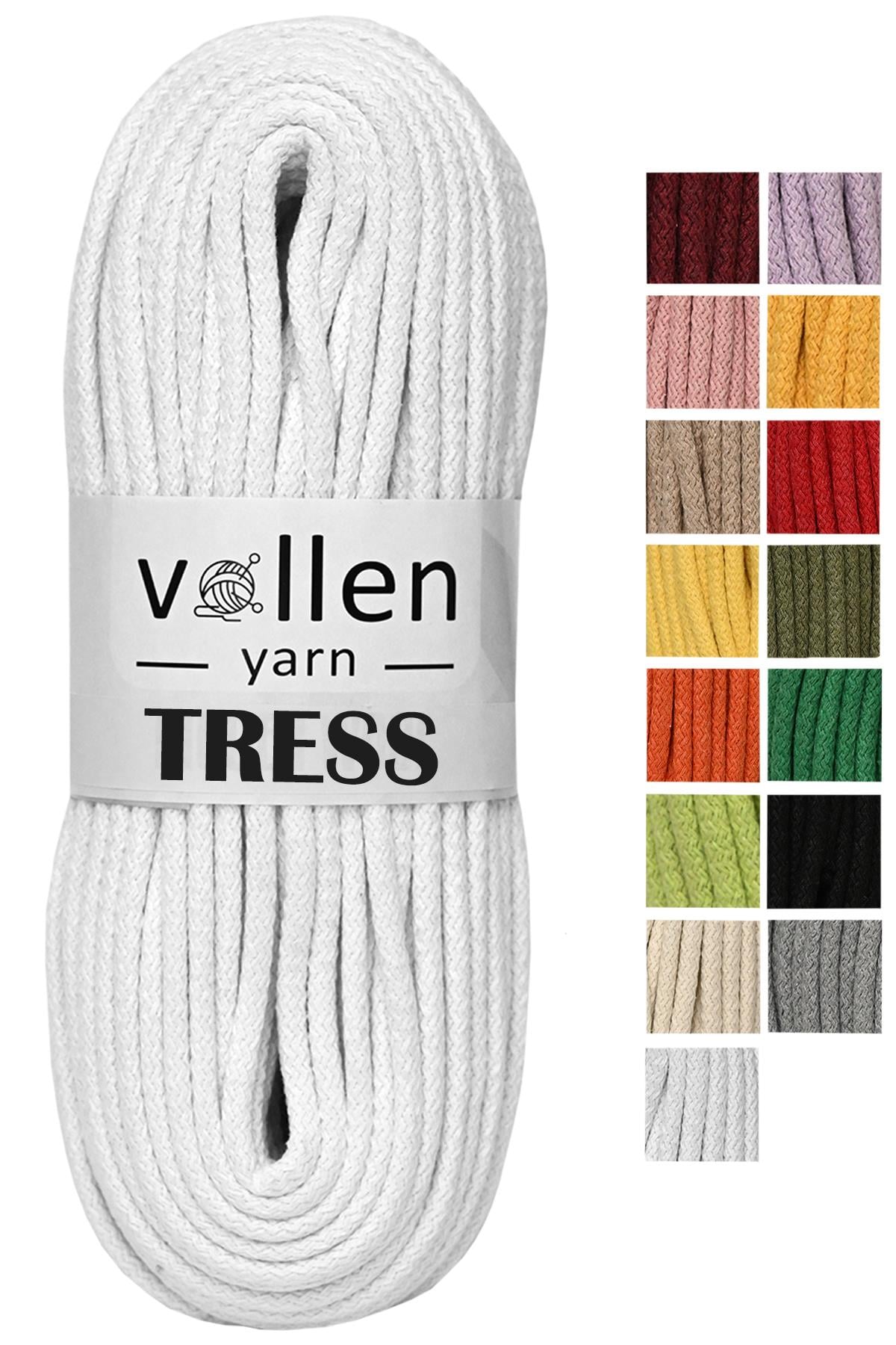 Vollen Yarn Makrome Tress İp, 10 METRE  Kordon Kaytan Dokuma İpi,Sepet İpi,Çok Amaçlı ip,BEYAZ