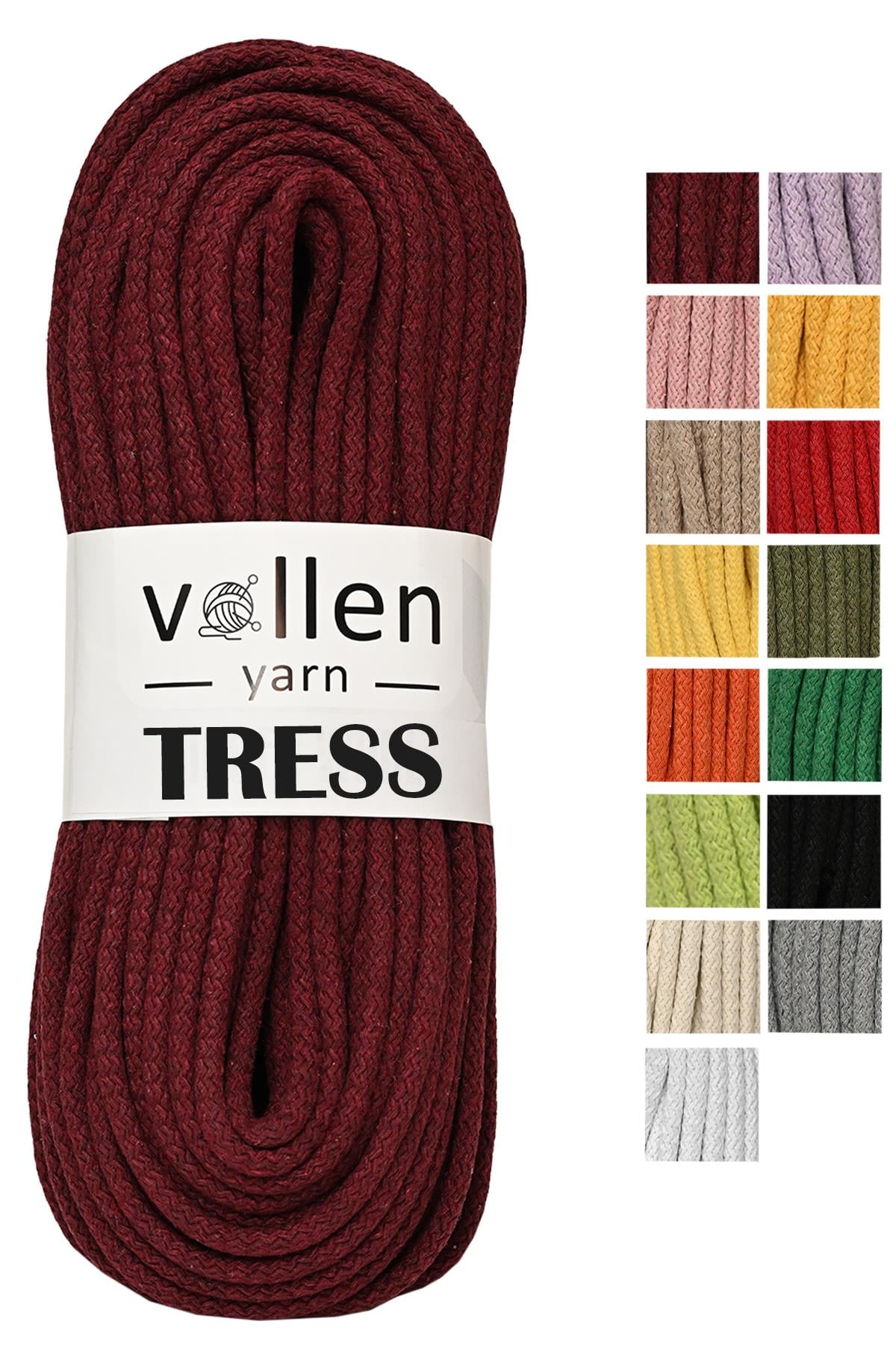 Vollen Yarn Makrome Tress İp, 10 METRE  Kordon Kaytan Dokuma İpi,Sepet İpi,Çok Amaçlı ip,Bordo