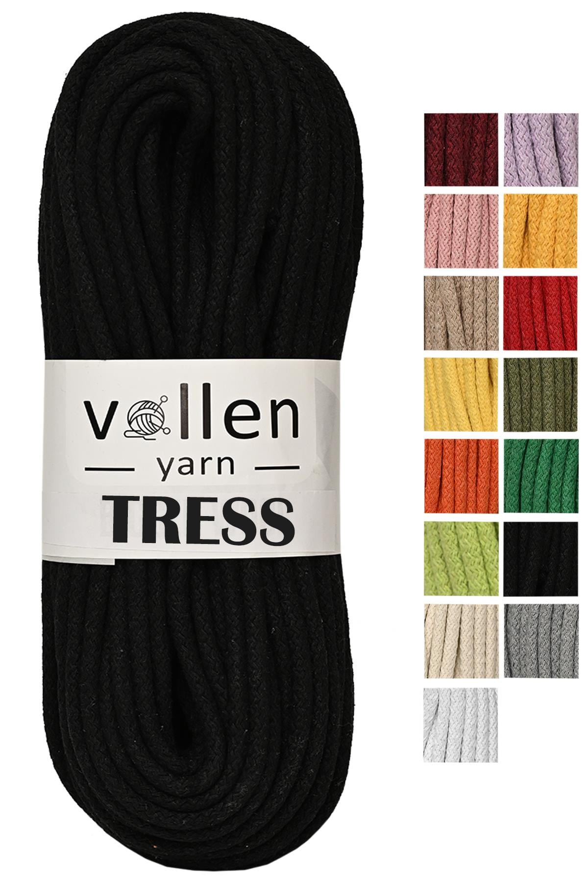 Vollen Yarn Makrome Tress İp, 10 METRE  Kordon Kaytan Dokuma İpi,Sepet İpi,Çok Amaçlı ip,SİYAH