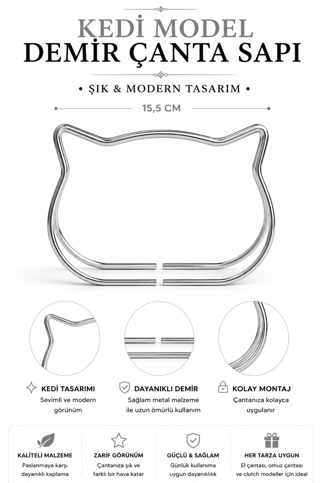 Vollen Yarn Metal Çanta Sapı Kedi Model 11x8 cm ,Gümüş
