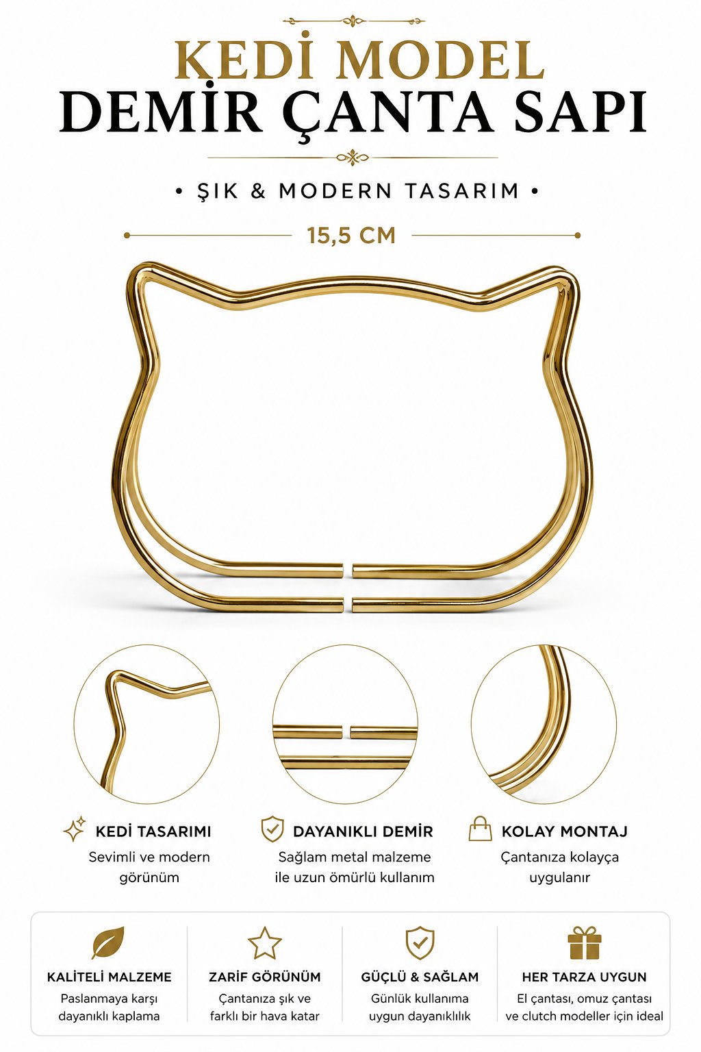 Vollen Yarn Metal Çanta Sapı Kedi Model 11x8 cm ,Altın