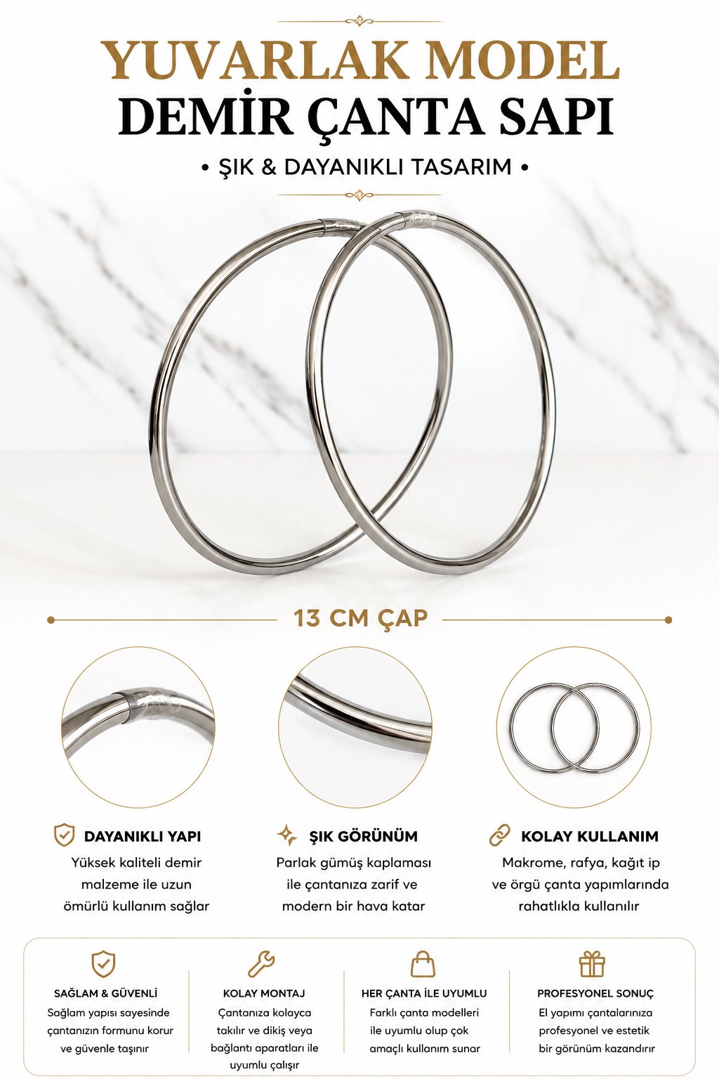 Vollen Yarn Metal Yuvarlak Halka  Çanta Sapı 12cm , Gümüş
