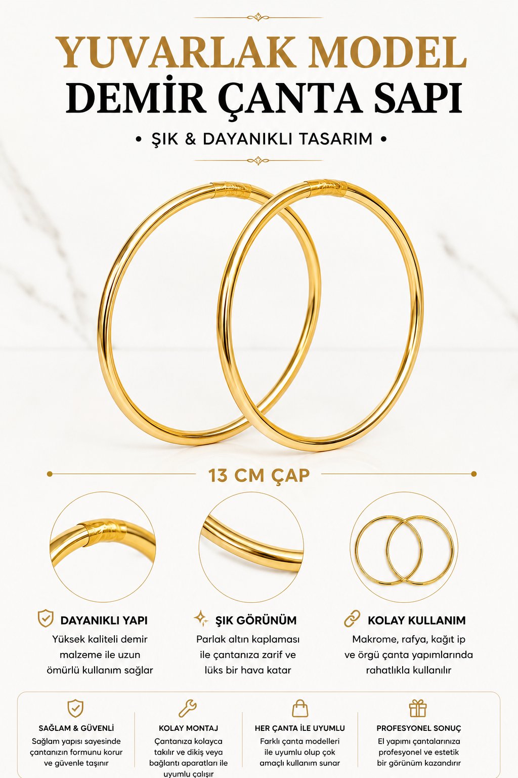Vollen Yarn Metal Yuvarlak Halka  Çanta Sapı 12cm , Altın