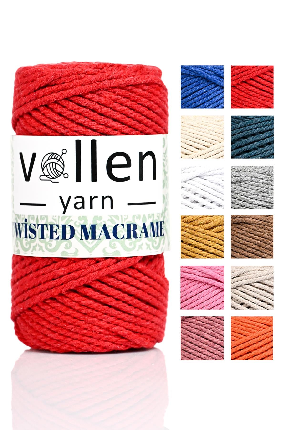 vollen yarn Premium 3 Büküm, Taranan Makrome, Pamuk Makrame, Halat İp, Üç Büküm, Hobi İpi, 250Gr, Kırmızı