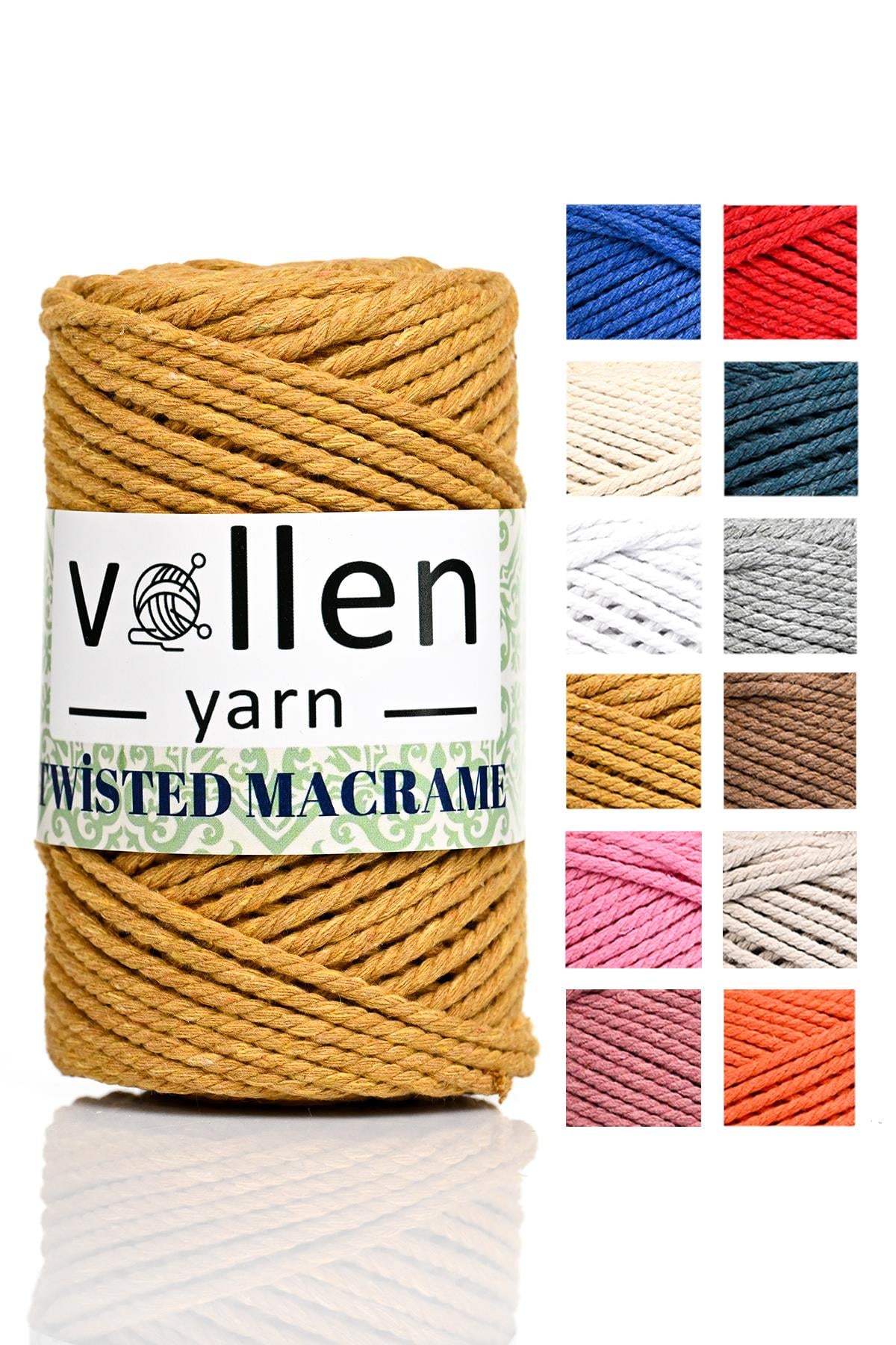 vollen yarn Premium 3 Büküm, Taranan Makrome, Pamuk Makrame, Halat İp, Üç Büküm, Hobi İpi, 250Gr, Hardal