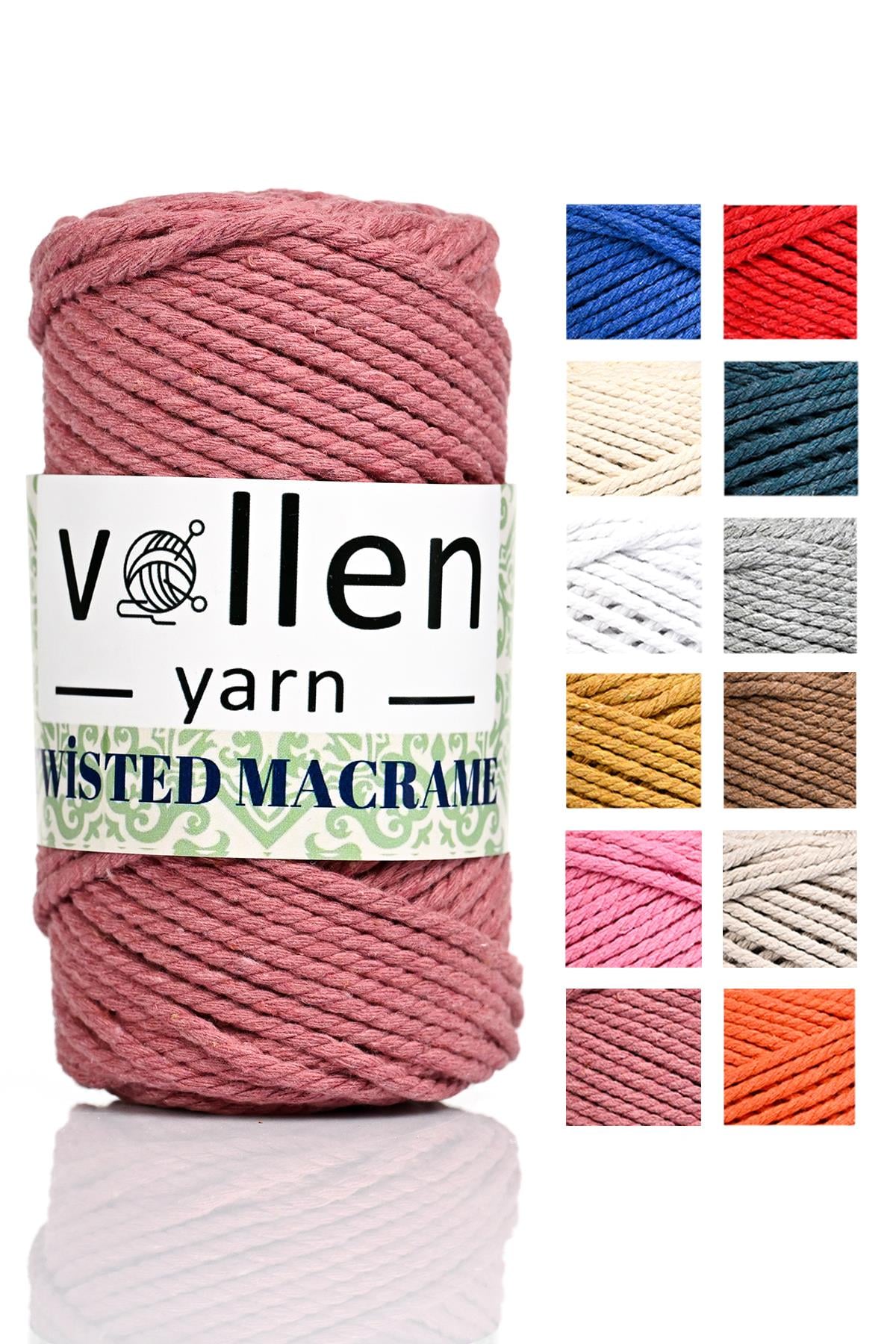 vollen yarn Premium 3 Büküm, Taranan Makrome, Pamuk Makrame, Halat İp, Üç Büküm, Hobi İpi, 250Gr, Gül Kurusu