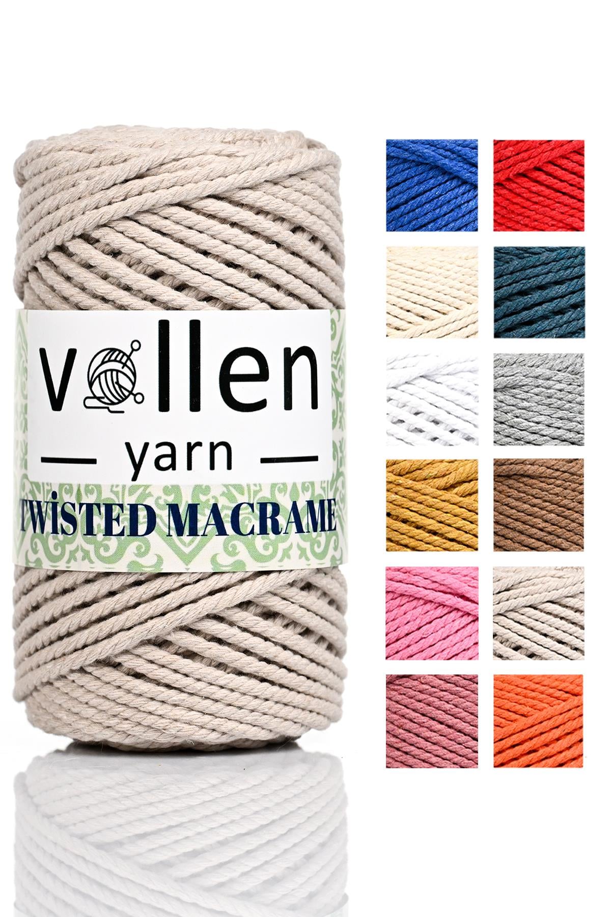 vollen yarn Premium 3 Büküm, Taranan Makrome, Pamuk Makrame, Halat İp, Üç Büküm, Hobi İpi, 250Gr,Ekru