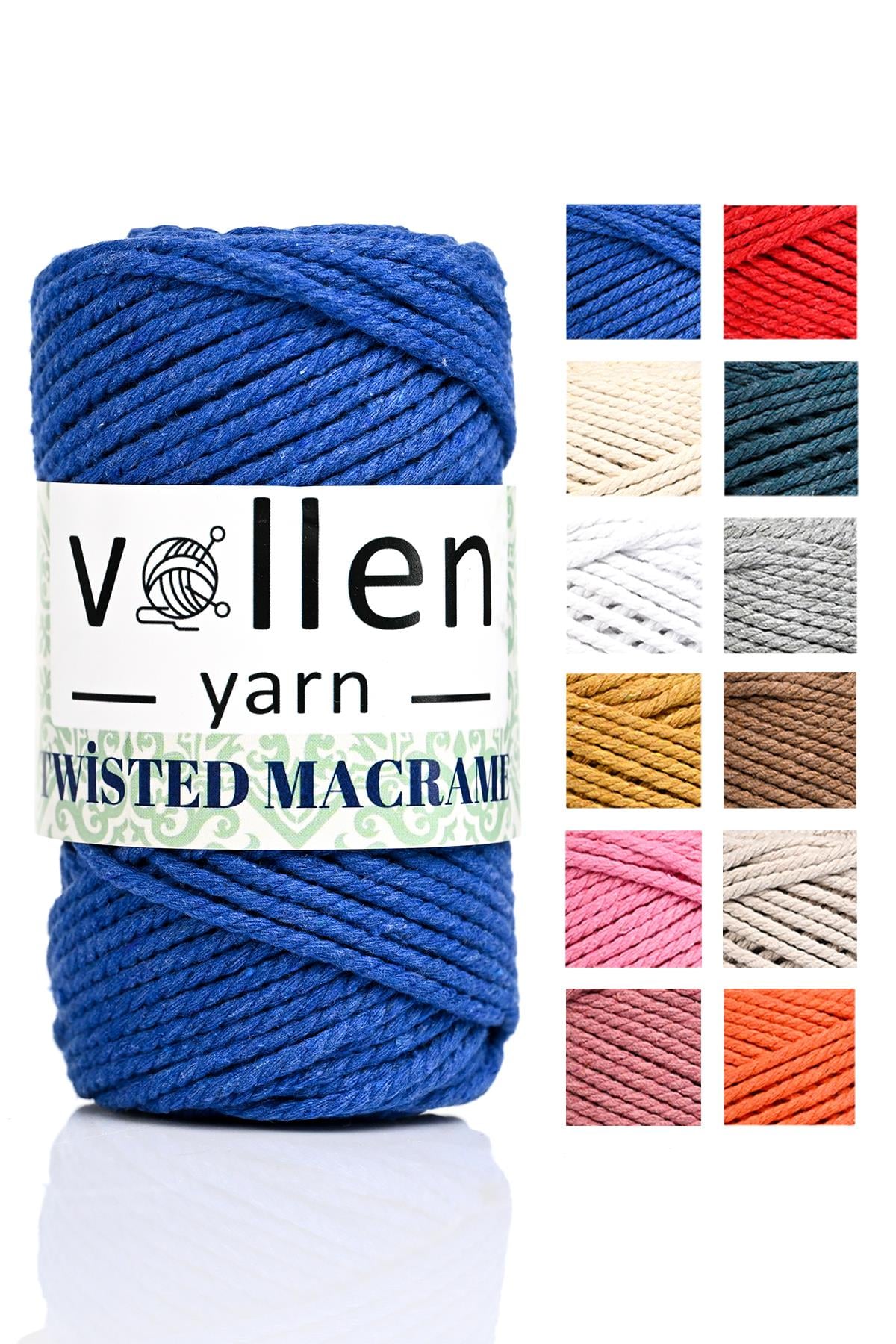 vollen yarn Premium 3 Büküm, Taranan Makrome, Pamuk Makrame, Halat İp, Üç Büküm, Hobi İpi, 250Gr, Saks Mavi