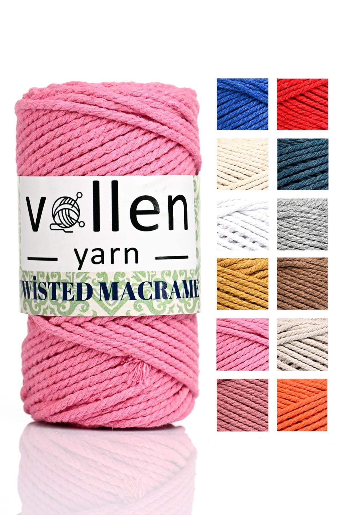 vollen yarn Premium 3 Büküm, Taranan Makrome, Pamuk Makrame, Halat İp, Üç Büküm, Hobi İpi, 250Gr, Pembe