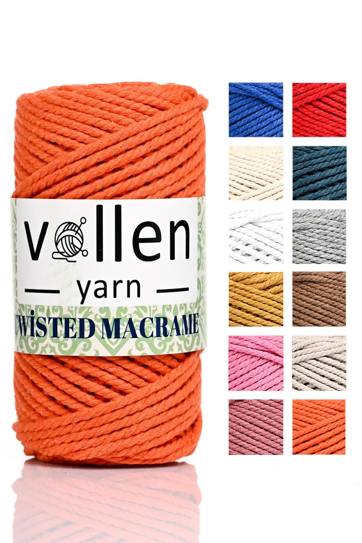 vollen yarn Premium 3 Büküm, Taranan Makrome, Pamuk Makrame, Halat İp, Üç Büküm, Hobi İpi, 250Gr,Turuncu