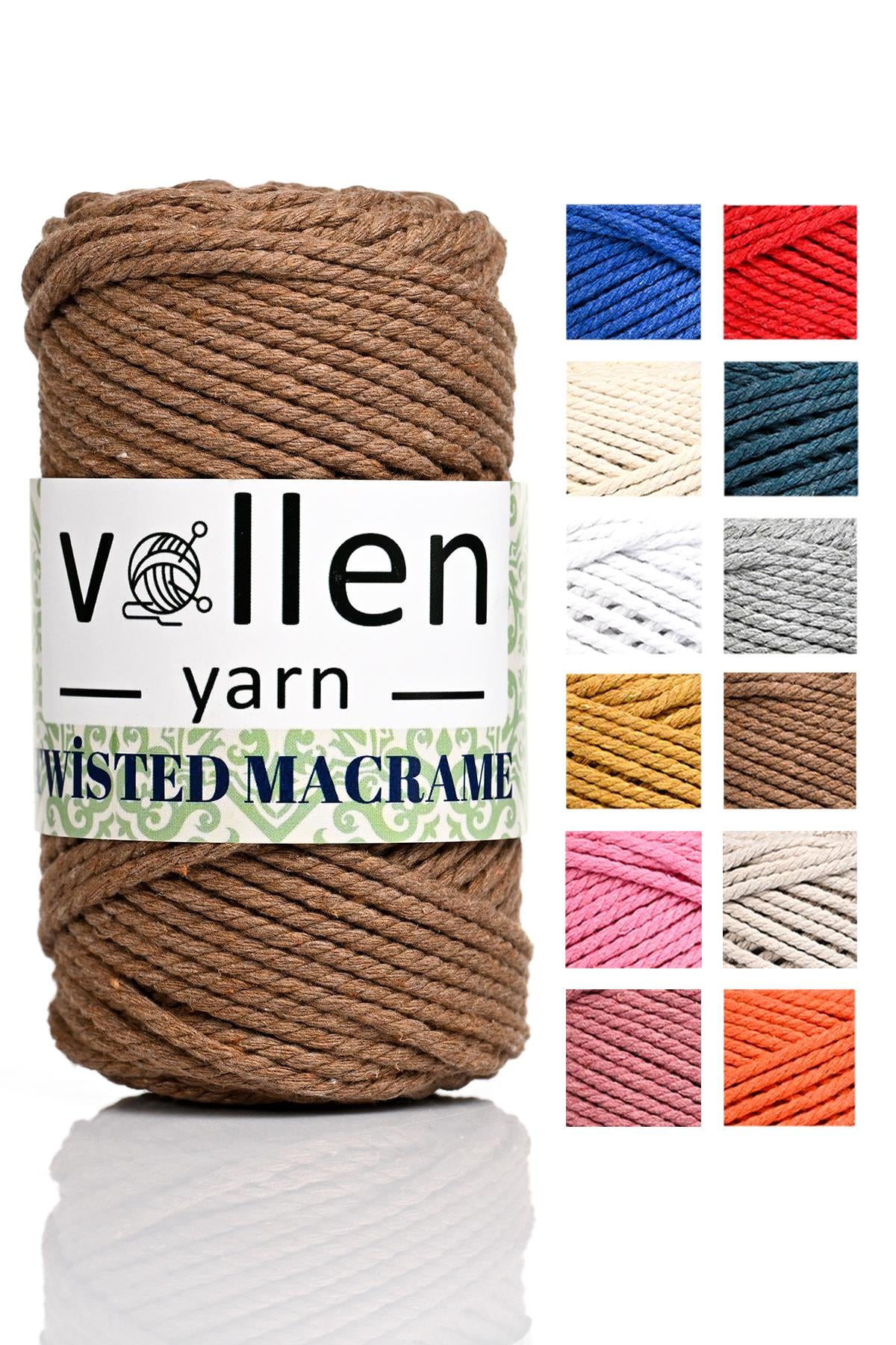 vollen yarn Premium 3 Büküm, Taranan Makrome, Pamuk Makrame, Halat İp, Üç Büküm, Hobi İpi, 250Gr,Kahverengi