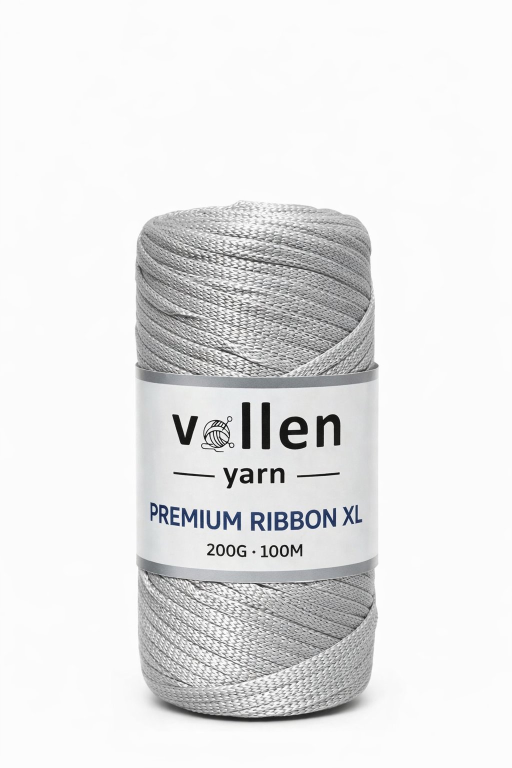 Vollen Yarn Premium 4mm Polyester Ribbon İpi 200Gr/100Mt, Açık Gri