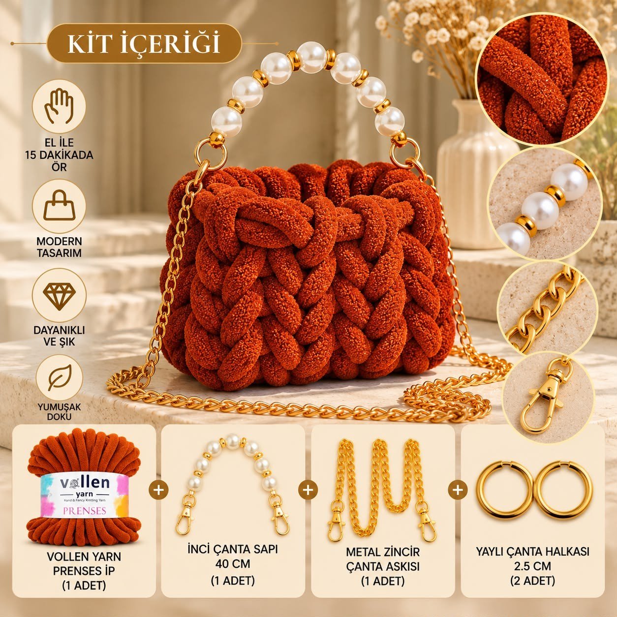 Vollen Yarn Prenses Çanta Kiti – 15 Dakikada Kendi Çantanı Tasarla! ✨, TARÇIN