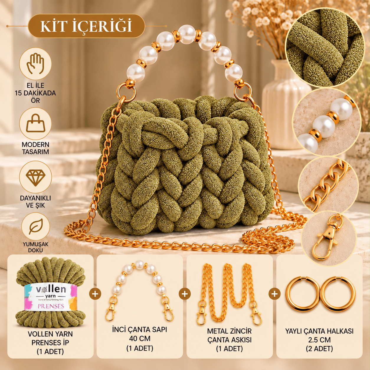 Vollen Yarn Prenses Çanta Kiti – 15 Dakikada Kendi Çantanı Tasarla! ✨, ALTIN-2