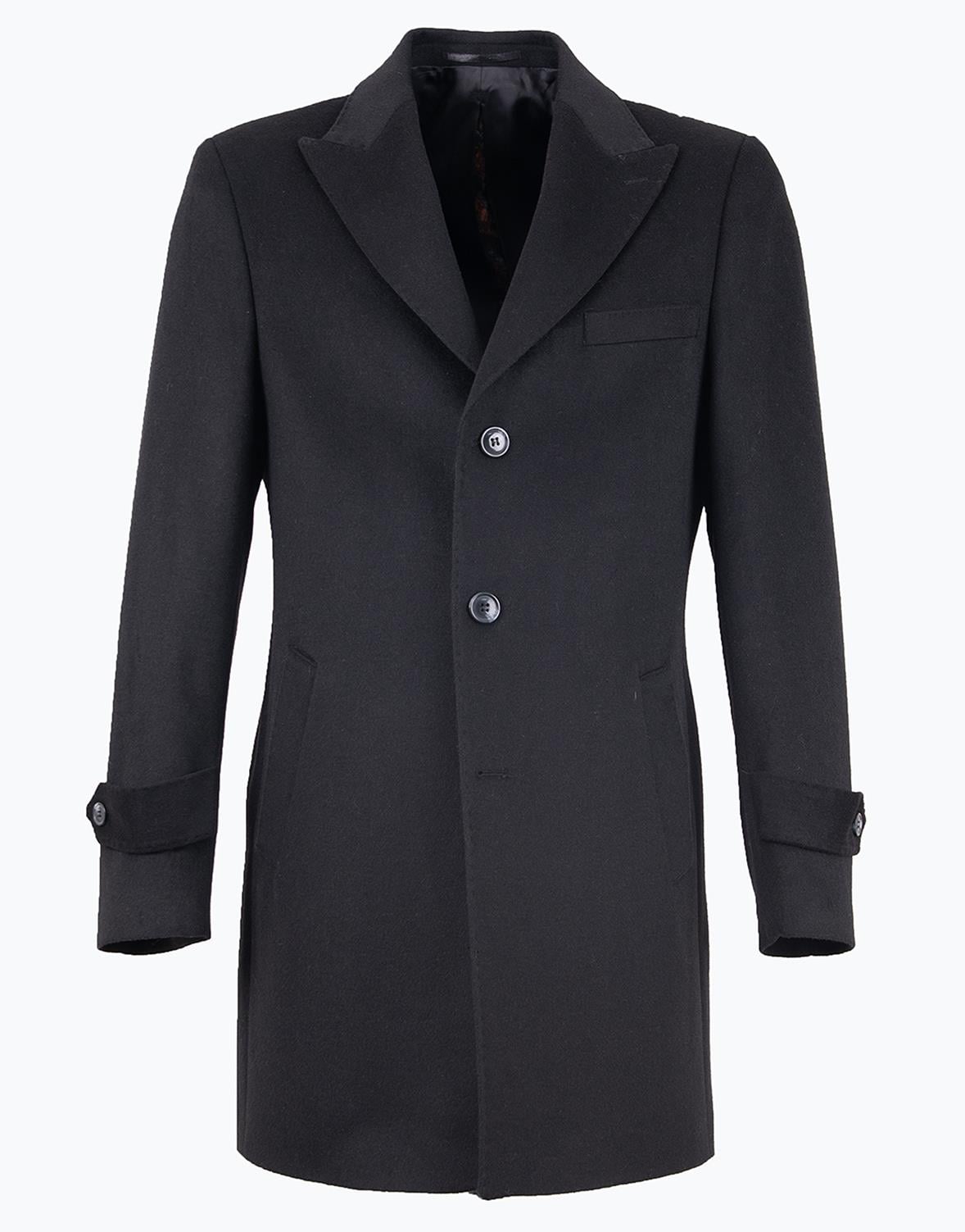 Erkek Kaban Klasik Sivri Yaka Modern Fit Yün Siyah
