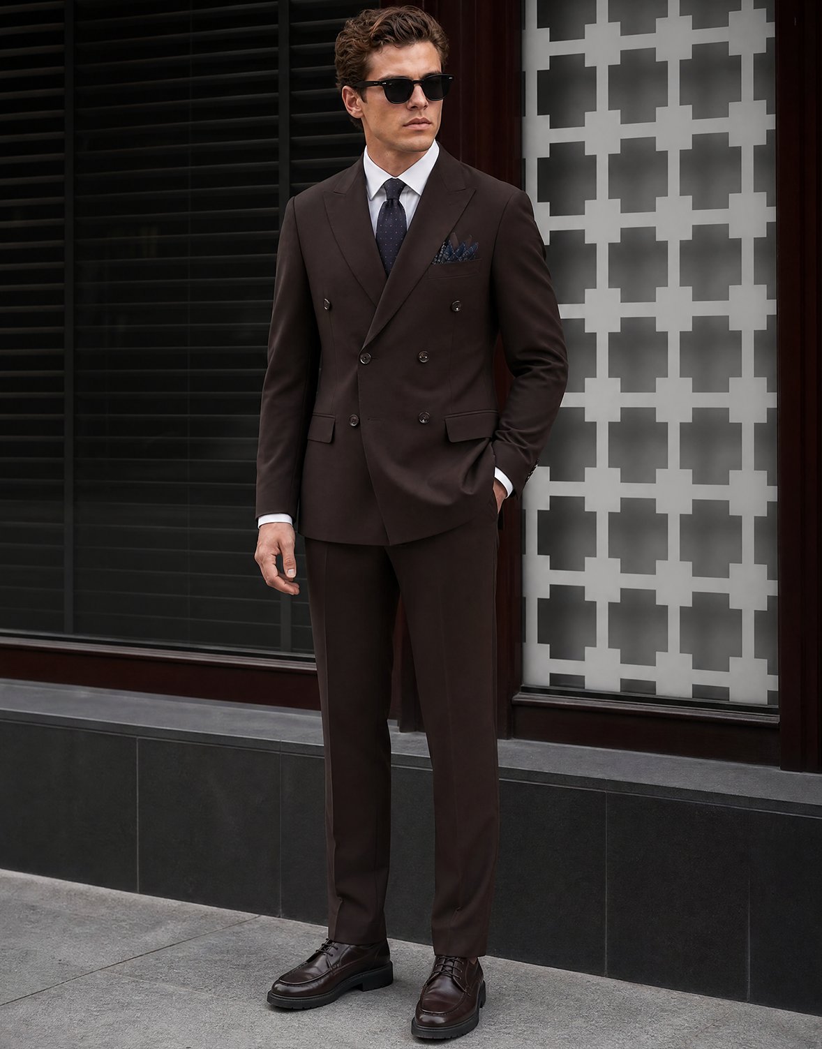 Erkek Kruvaze Takım Elbise Sivri Yaka  Modern Fit Basic Kahverengi