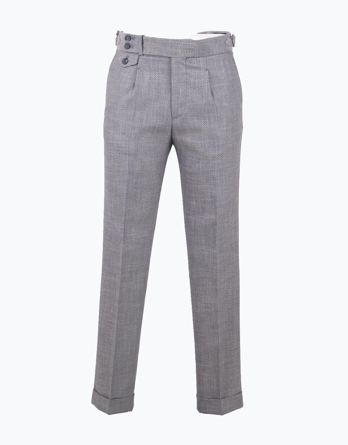 Erkek Pileli Pantolon Balıksırtı Desenli Mevsimlik Modern Fit Tokalı Gri