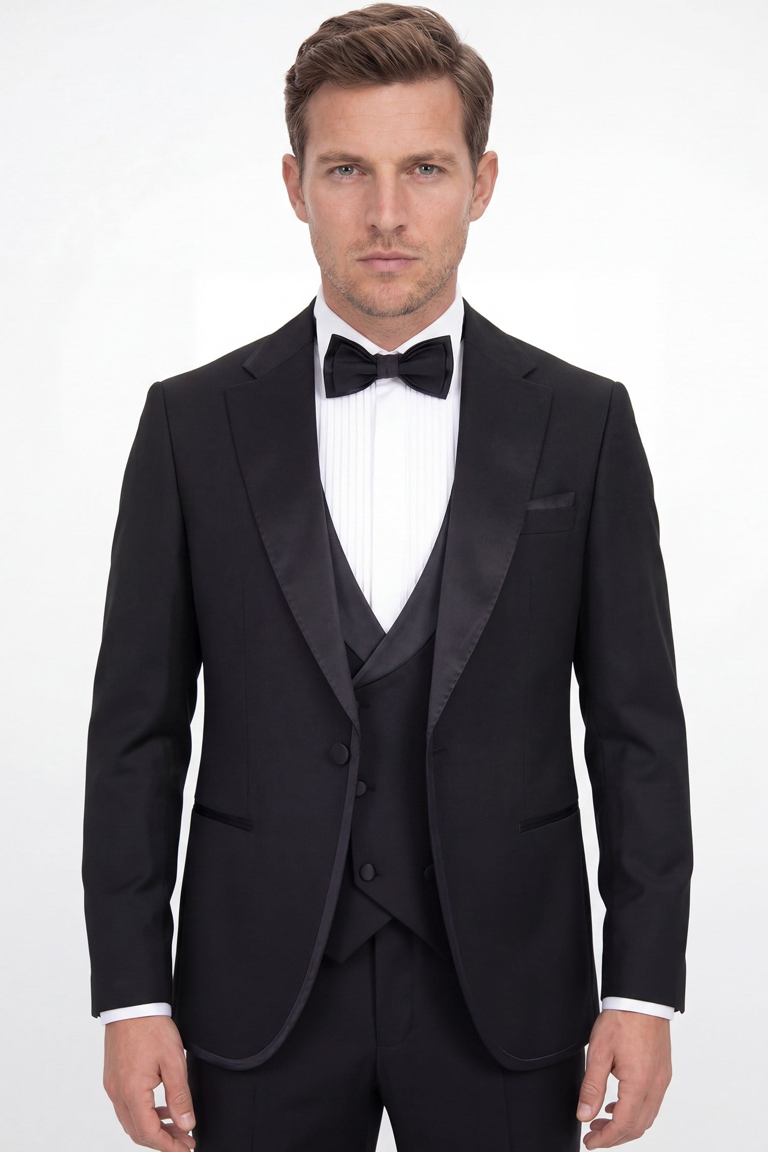 Erkek Smokin Damatlık Mono Yaka Yelekli Modern Fit Siyah