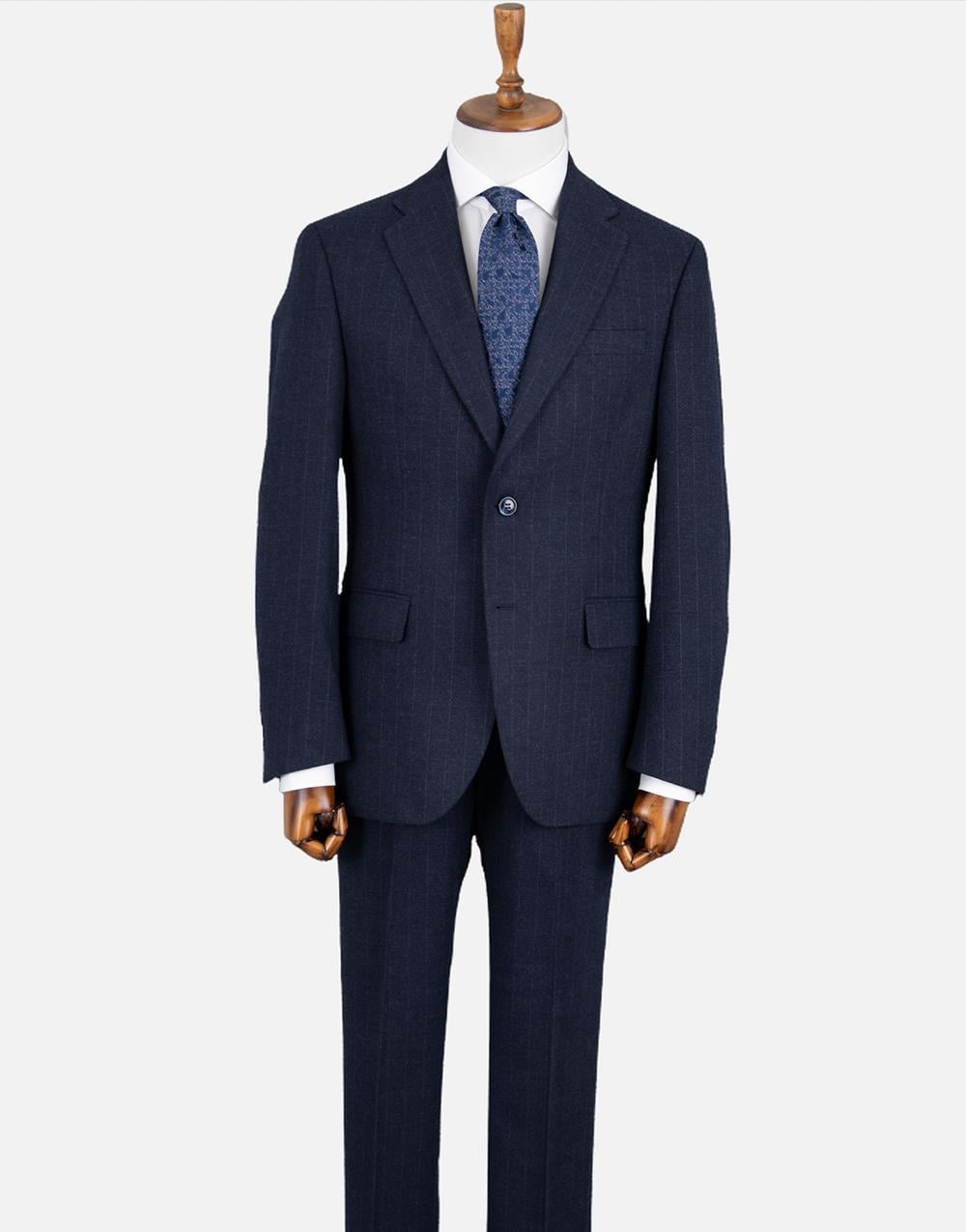 Erkek Soft Çizgili Flanel Mono Yaka Klasik Takım Elbise Comfort Fit Lacivert