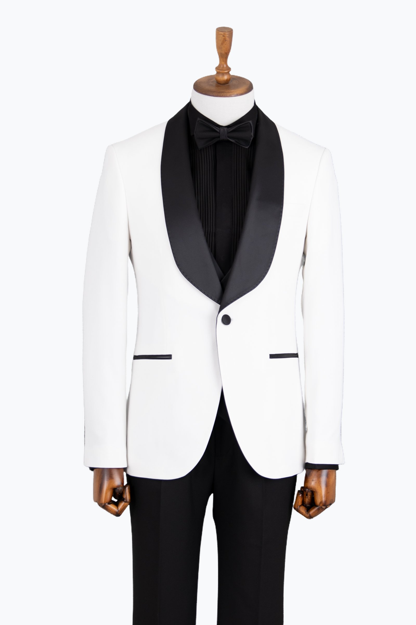Erkek Yelekli Puntolu Şal Yaka Smokin Damatlık Slim Fit Beyaz