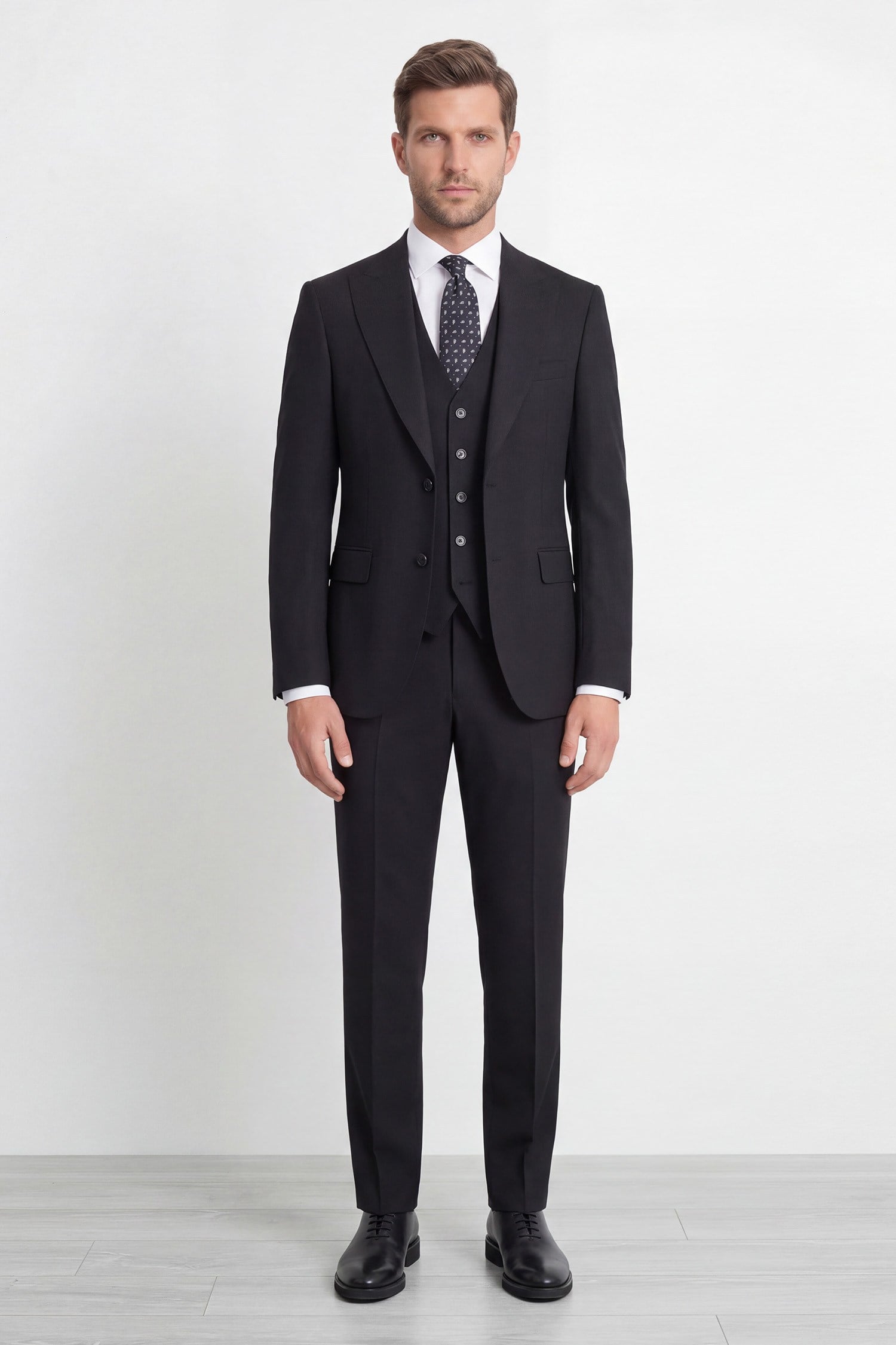 Erkek Yelekli Takım Elbise Sivri Yaka  Modern Fit Basic Siyah
