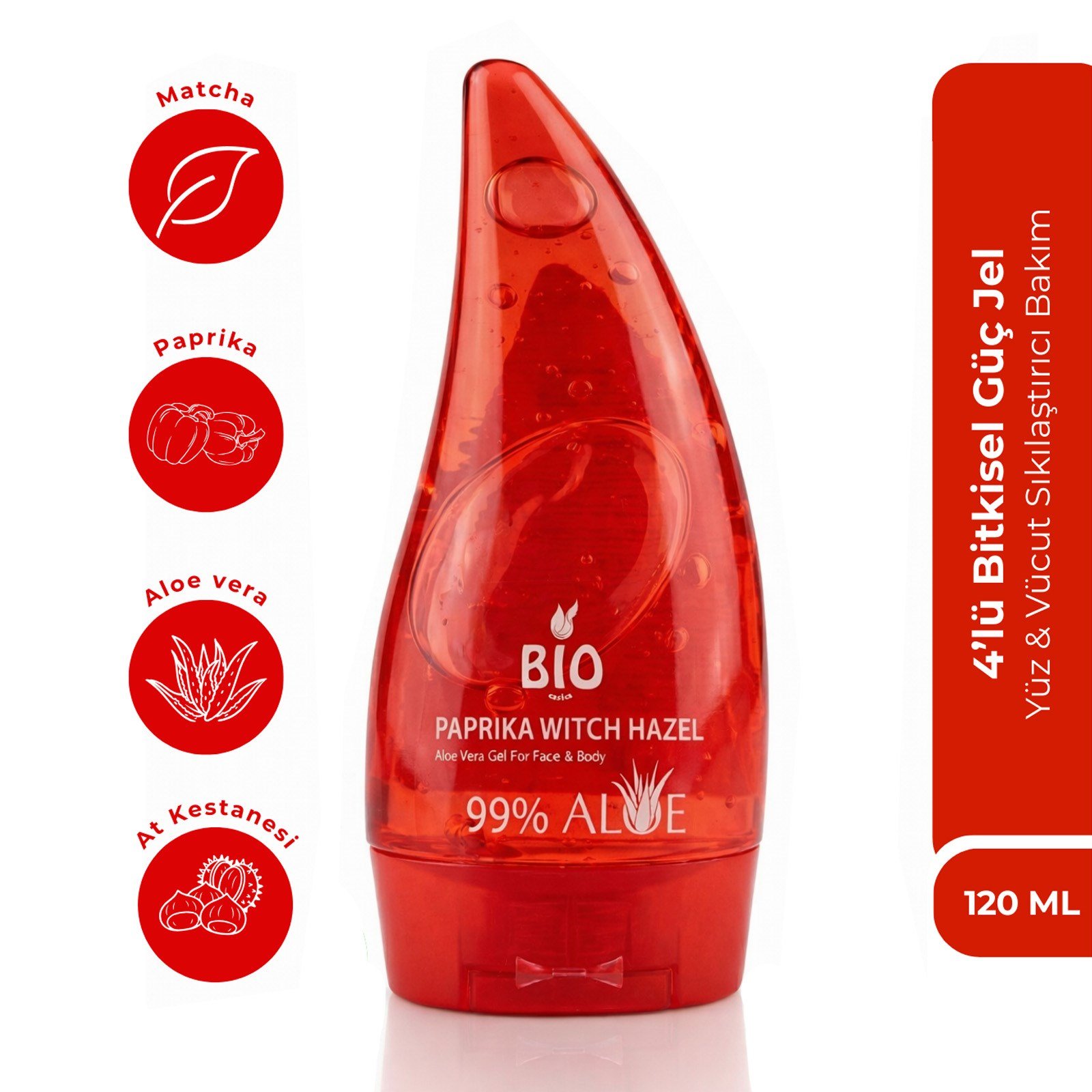 Bio AsiaBio Asia 4'lü Bitkisel Güç Jel – Aloe Vera + Matcha + At Kestanesi + Paprika Yüz & Vücut Sıkılaştırıcı 120 ml