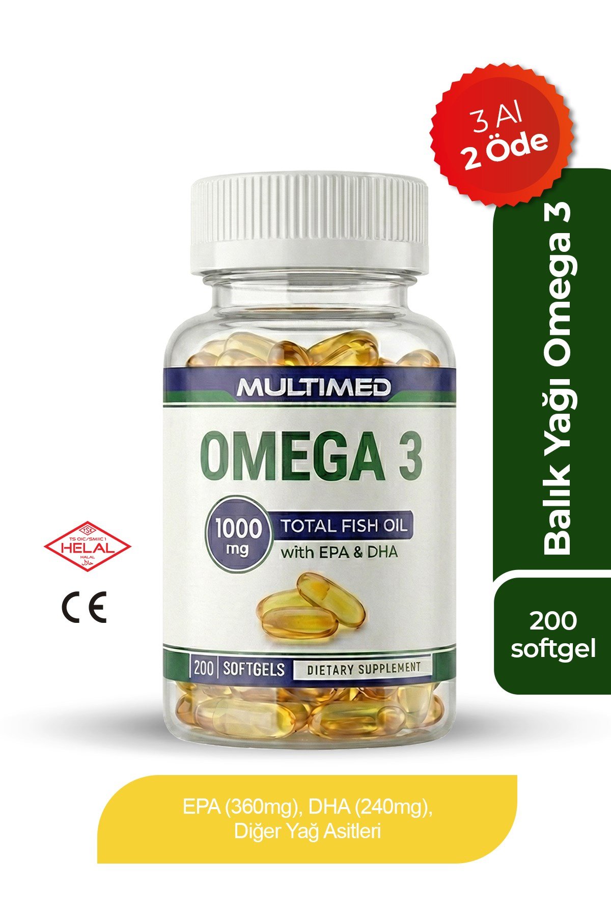 MultimedMultimed Omega 3 Balık Yağı 1000 mg – Trigliserid Formu Yüksek Emilim – 200 Softgel (Şeffaf Şişe)