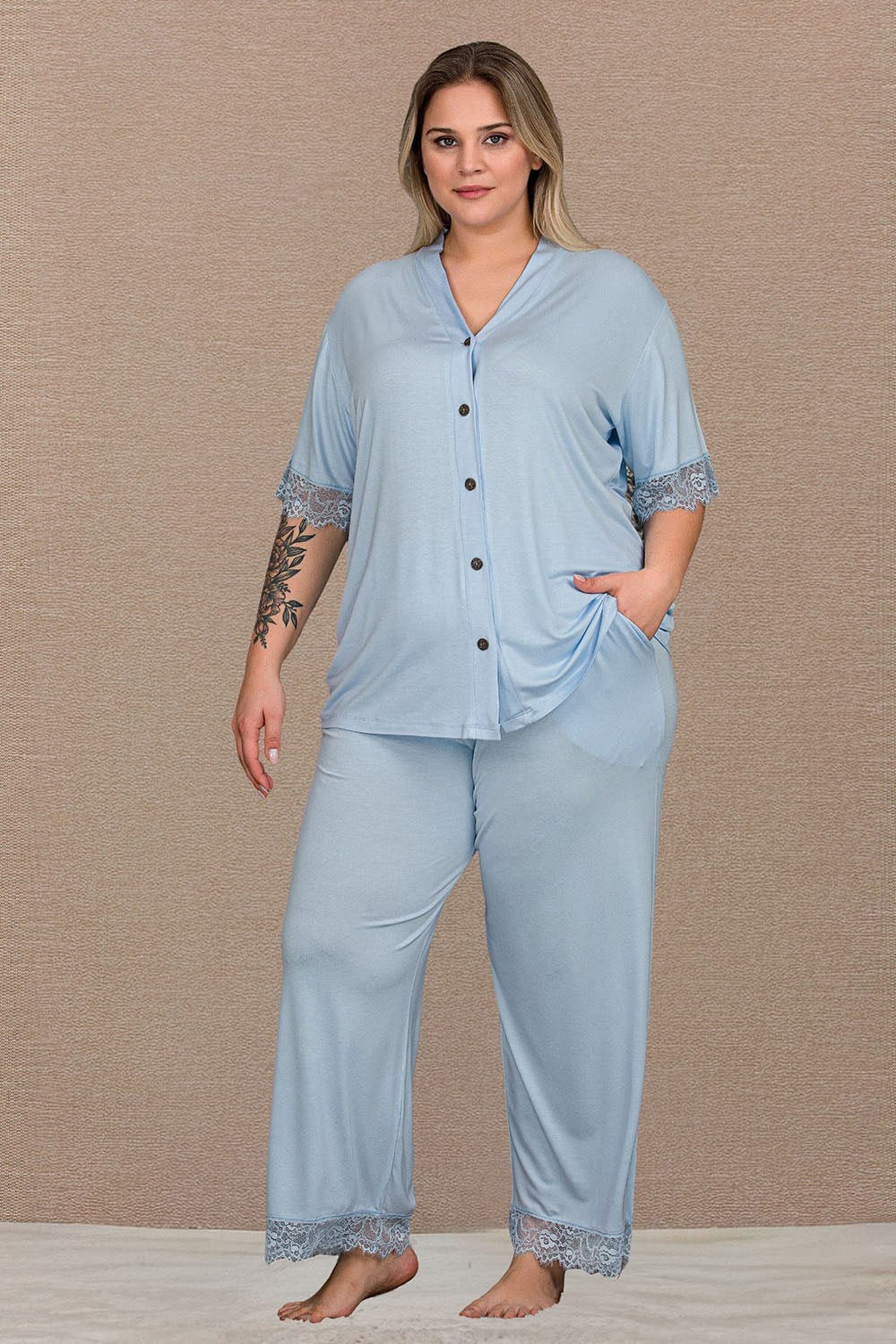 Açık Mavi Büyük Beden Bayan Pijama Takımı
