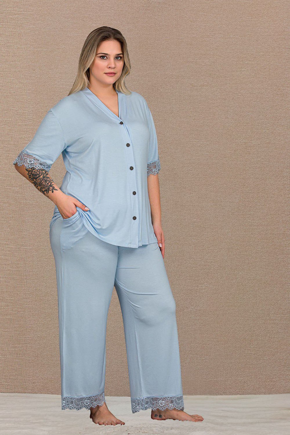 Açık Mavi Büyük Beden Bayan Pijama Takımı