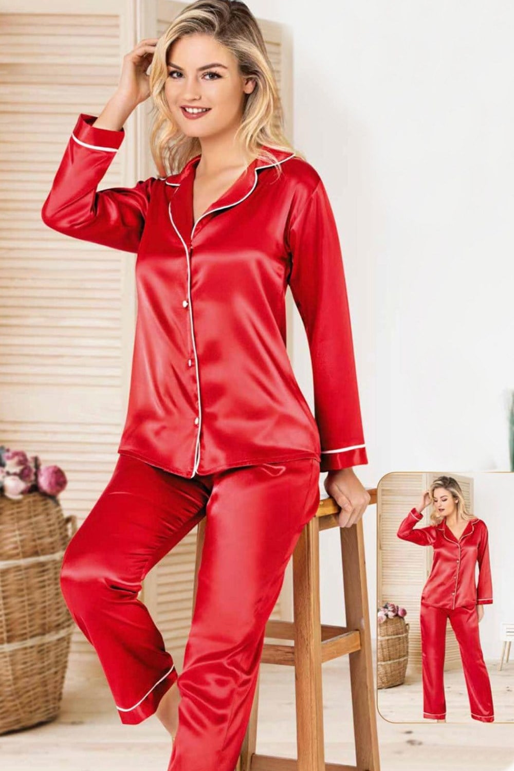 Beyaz Biyeli Kırmızı Saten Pijama Takımı