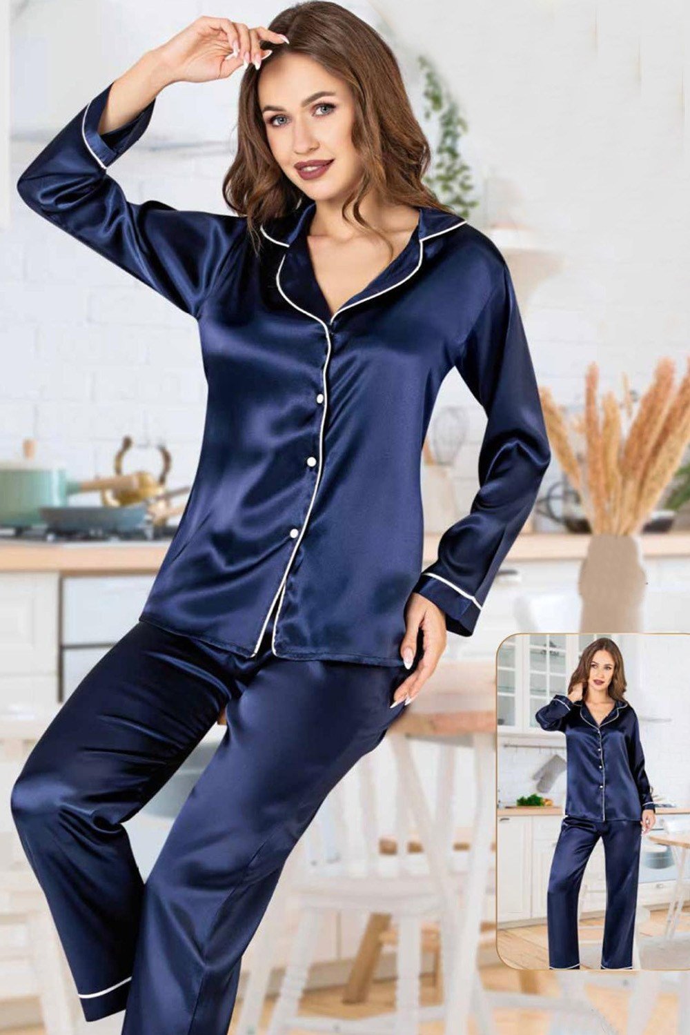 Beyaz Biyeli Lacivert Saten Pijama Takımı