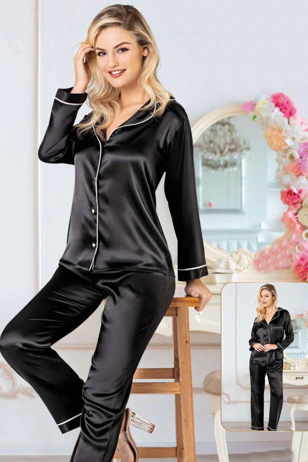 Beyaz Biyeli Siyah Saten Pijama Takımı