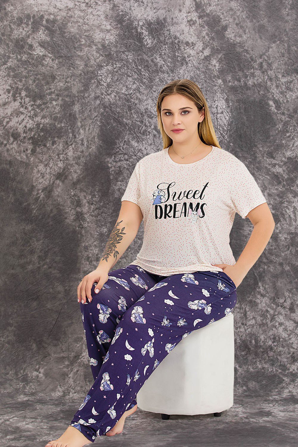 Bulut Desenli Büyük Beden Pijama Takımı