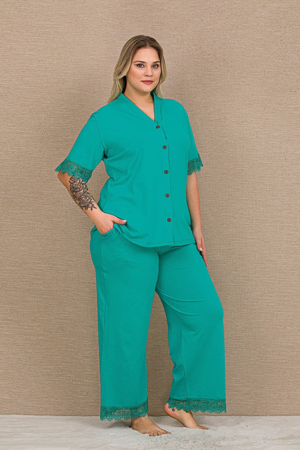 Coton  Yeşil Büyük Beden Bayan Pijama Takımı