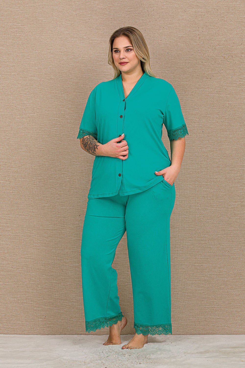 Coton  Yeşil Büyük Beden Bayan Pijama Takımı