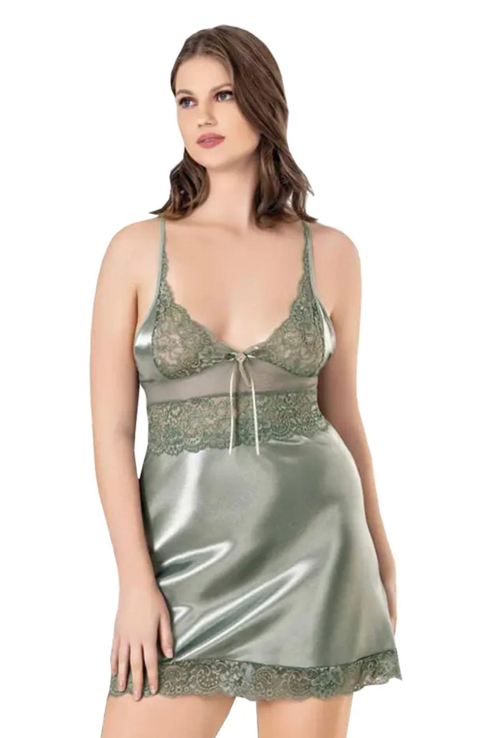Dantel İşleme Su Yeşil Saten Seksi Büyük Beden Gecelik