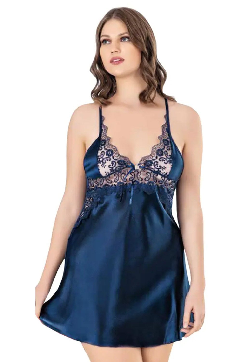 Dantel Yakalı Laci Saten Seksi Büyük Beden Gecelik