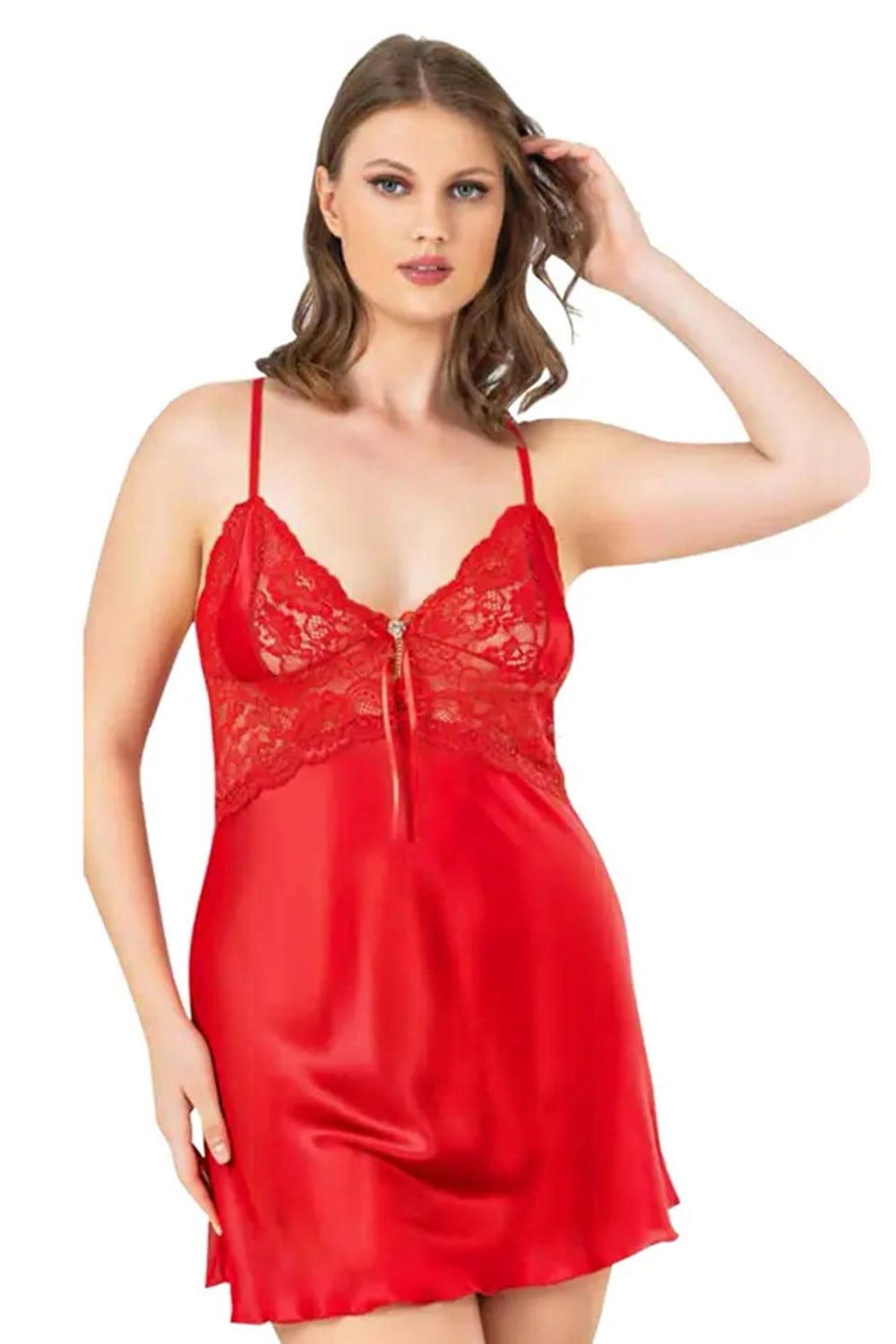 Dantelli Dekolteli Kırmızı Saten Seksi Büyük Beden Gecelik