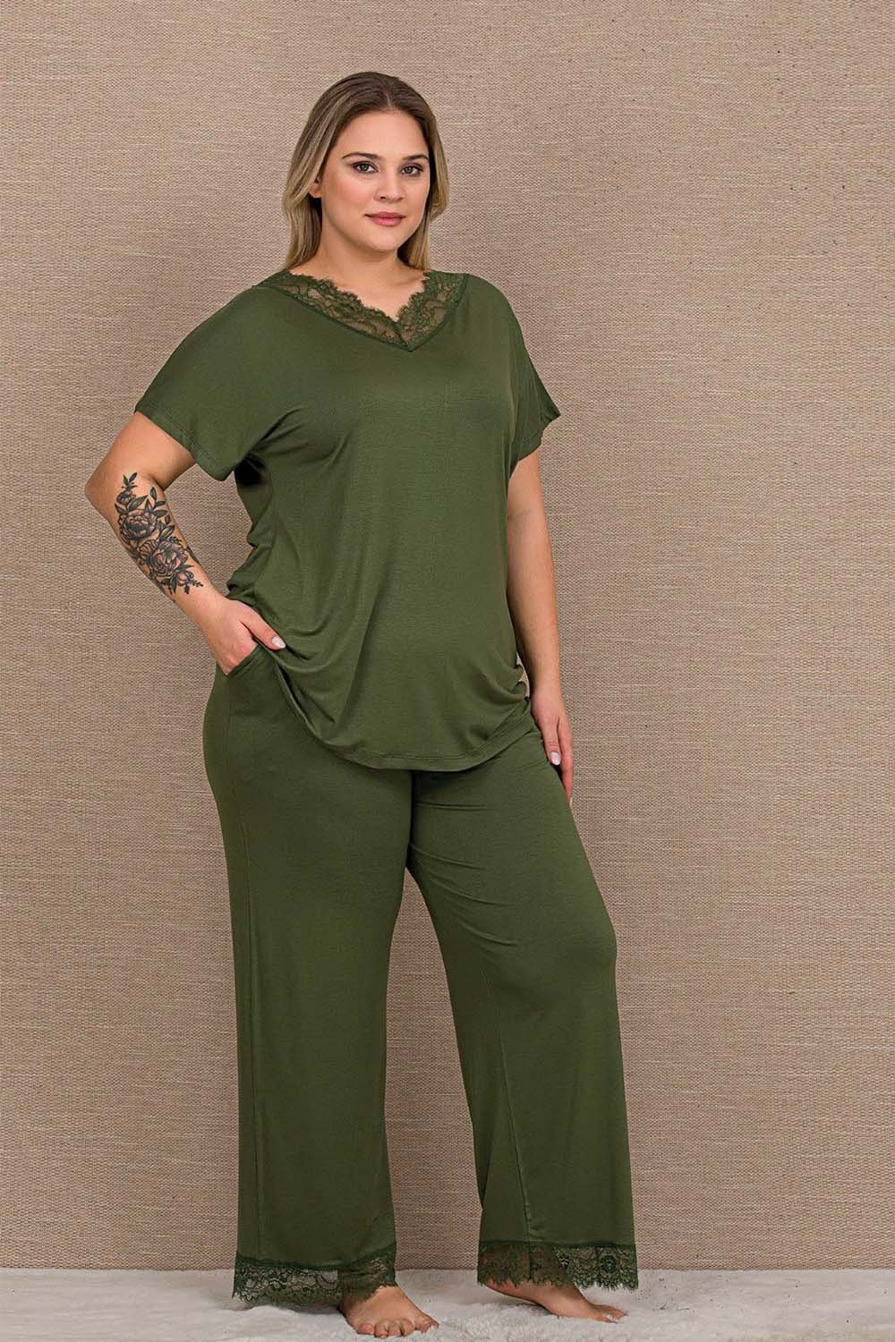Dantelli Haki Yeşil Büyük Beden Pijama Takımı