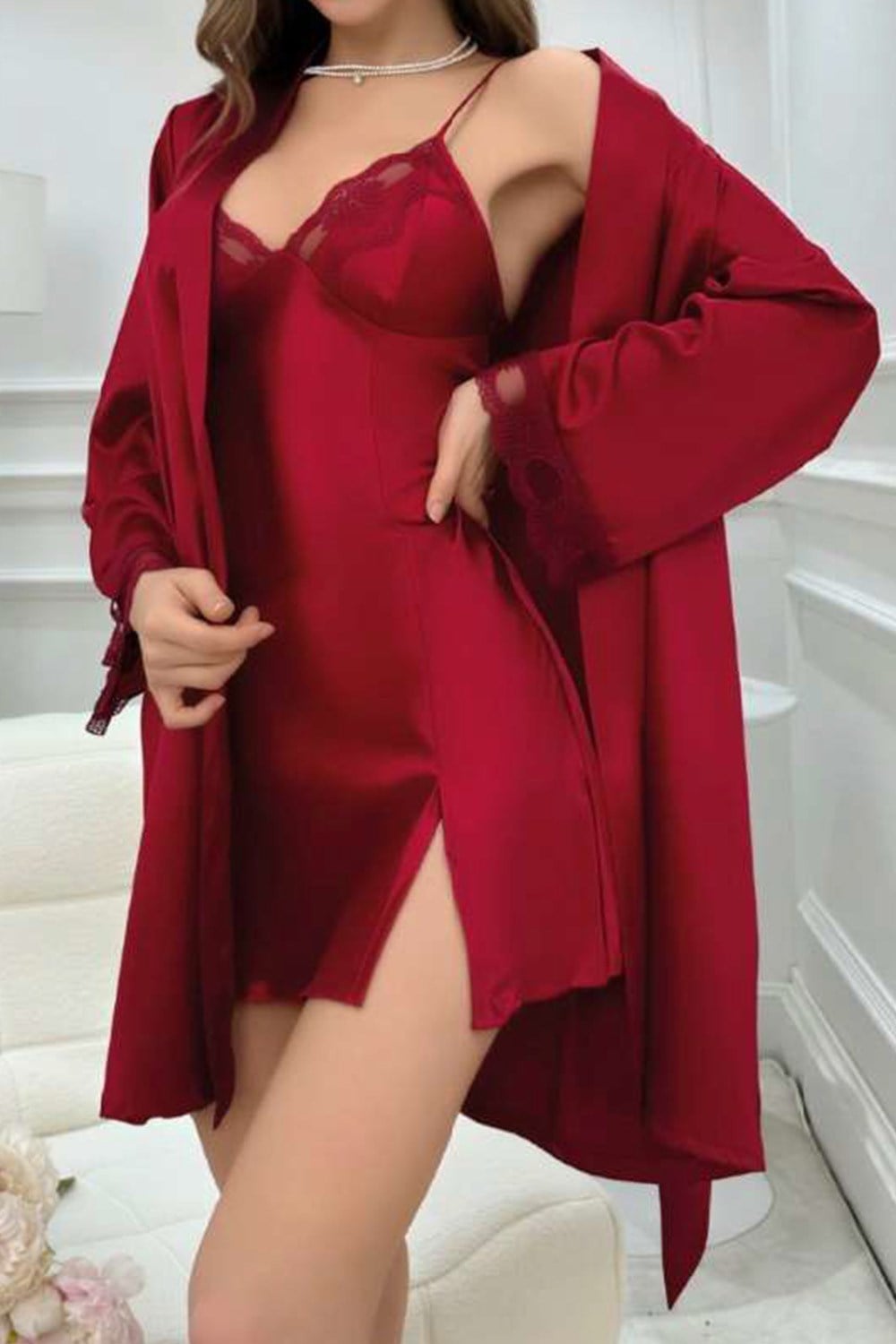 Dantelli Seksi Bordo Saten Gecelik Sabahlık Takım