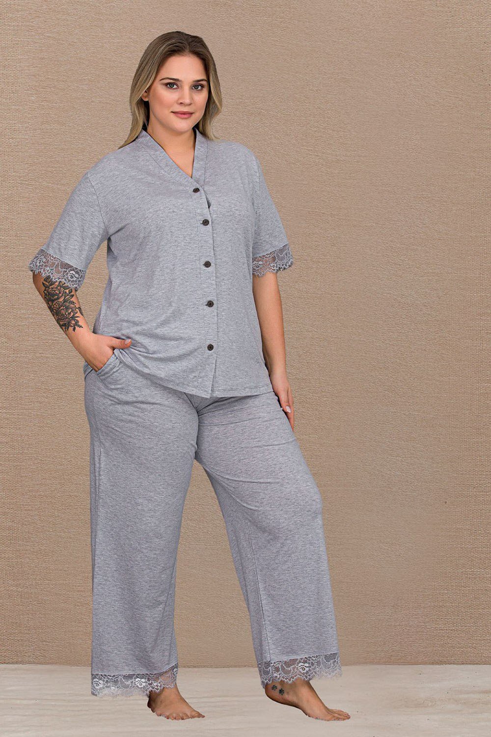 Düğmeli Coton Büyük Beden Bayan Pijama Takımı