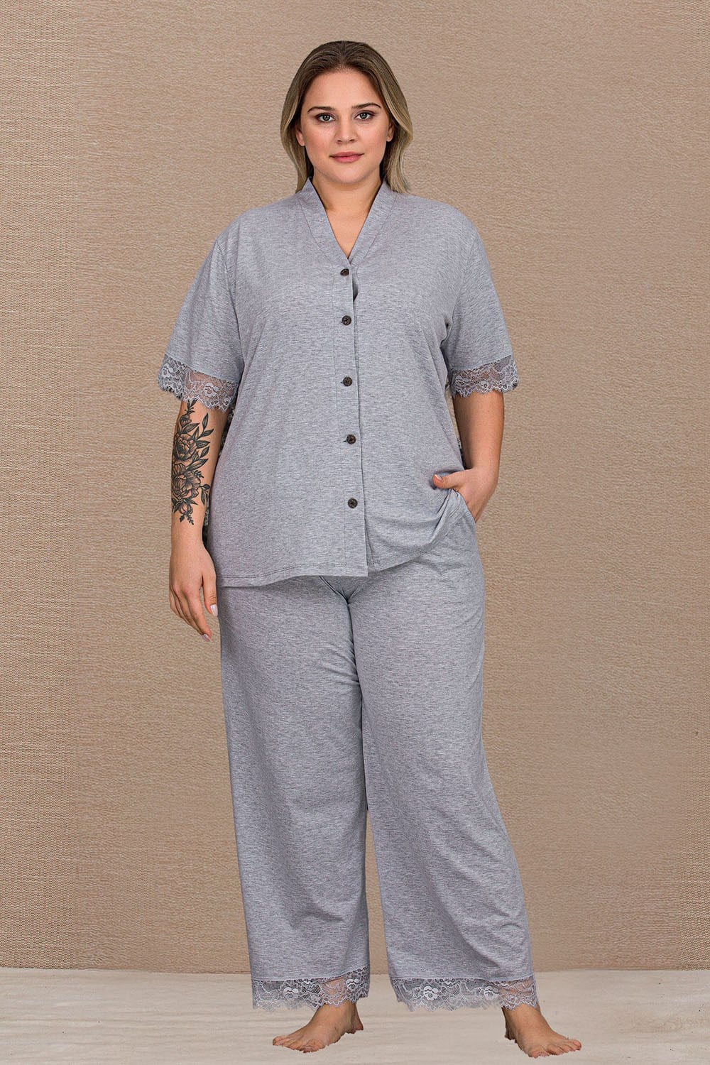 Düğmeli Coton Büyük Beden Bayan Pijama Takımı