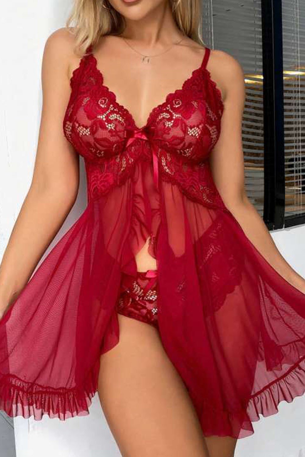 Fırfır Etekli Bordo Fantazi Babydoll