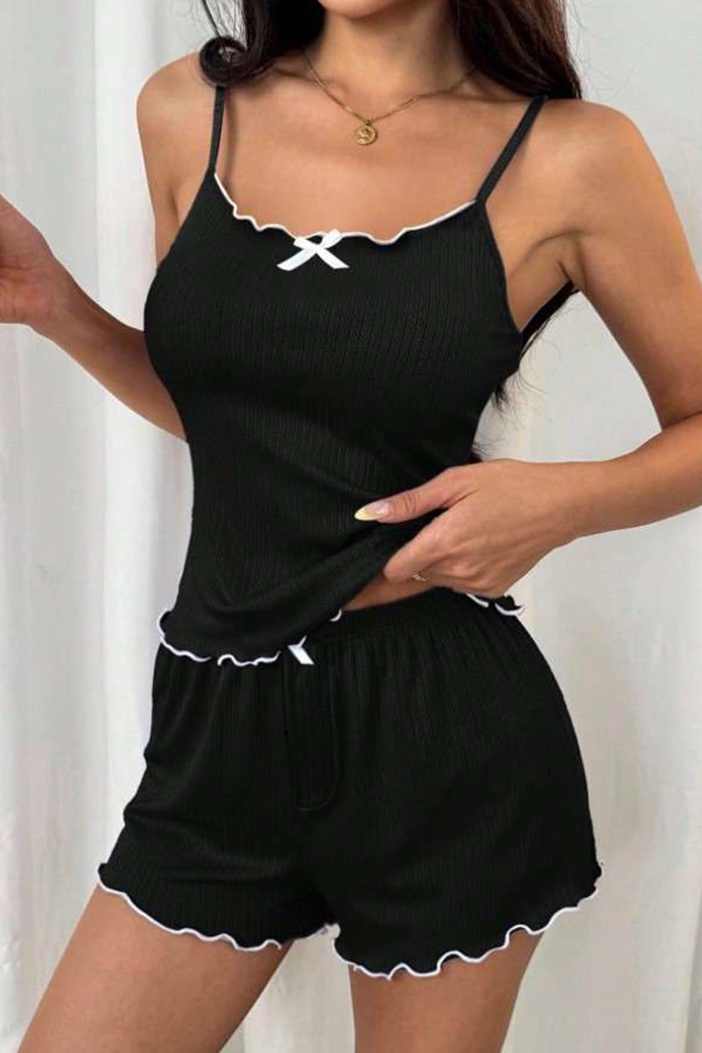 Fiyonklu Siyah Atlet Şort Takım